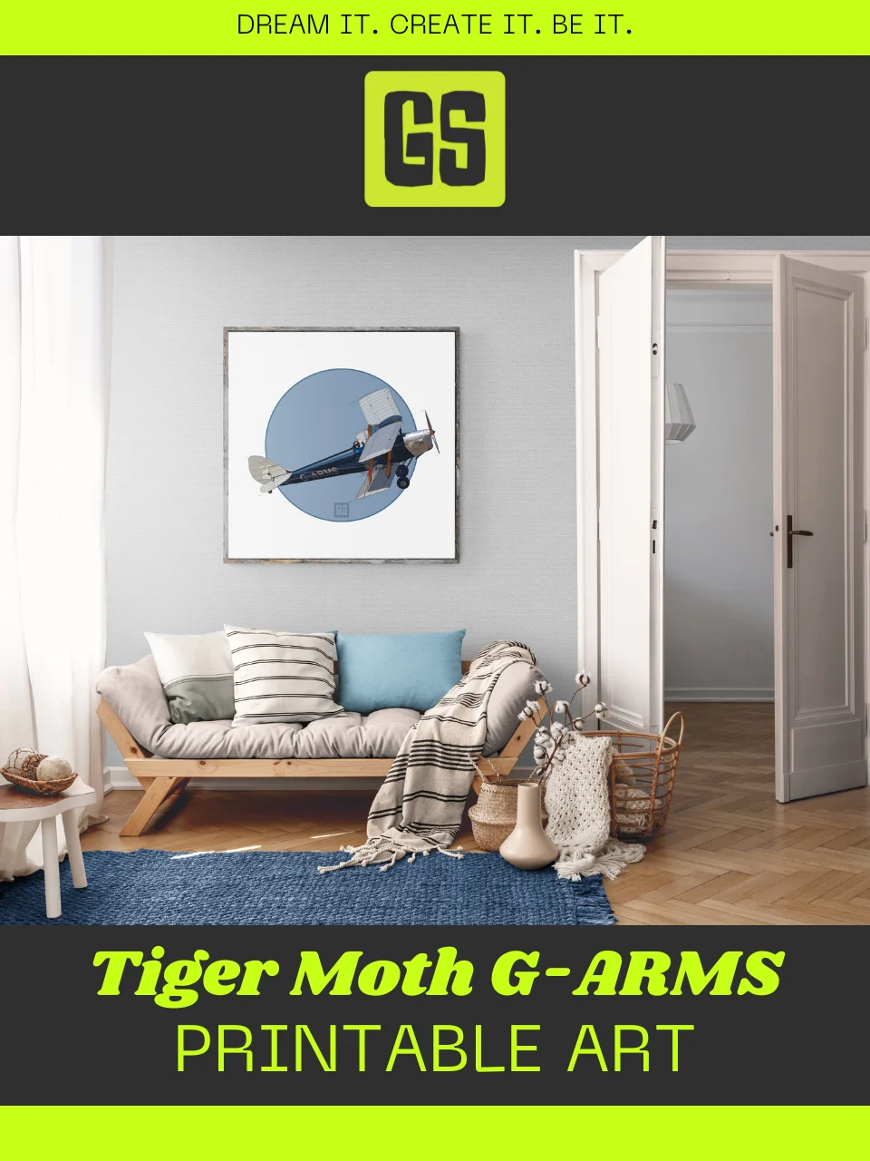 Tiger Moth G-ARMS Printable Aviation Wall Art Square Size Blue Circle & White Border Background product image (3)