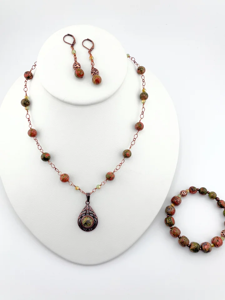 Unakite and Antique Copper Beaded Pendant Necklace, Bracelet, and Earrings Set product image (1)