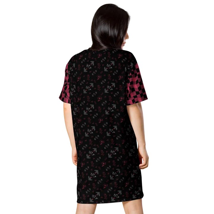 Magenta and White Flowers on Black with Warped Checkered Sleeves Women's T-Shirt Dress product image (2)