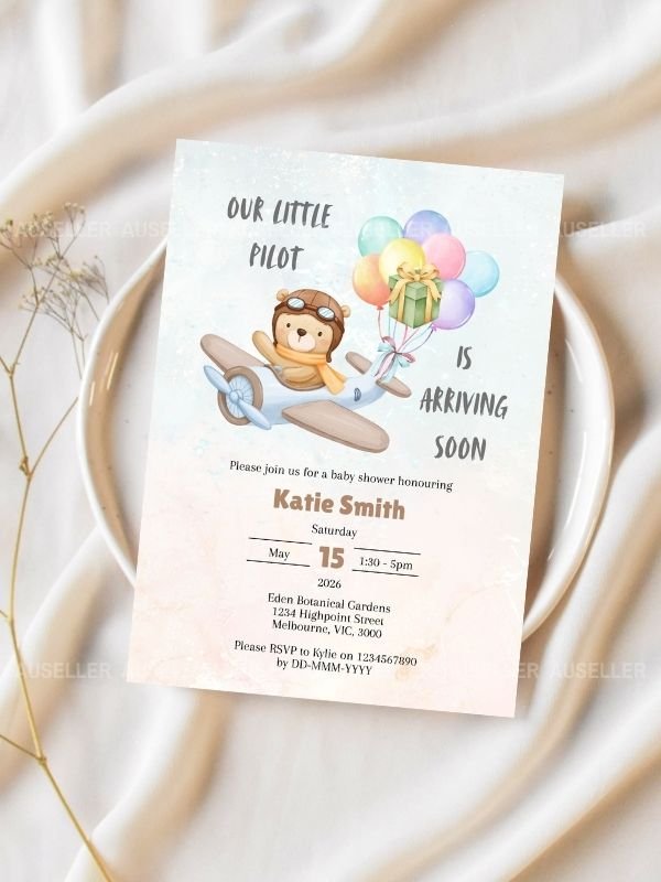 Pilot Teddy Bear Baby Shower Invitation and Printable Treat Bag and Envelope product image (2)