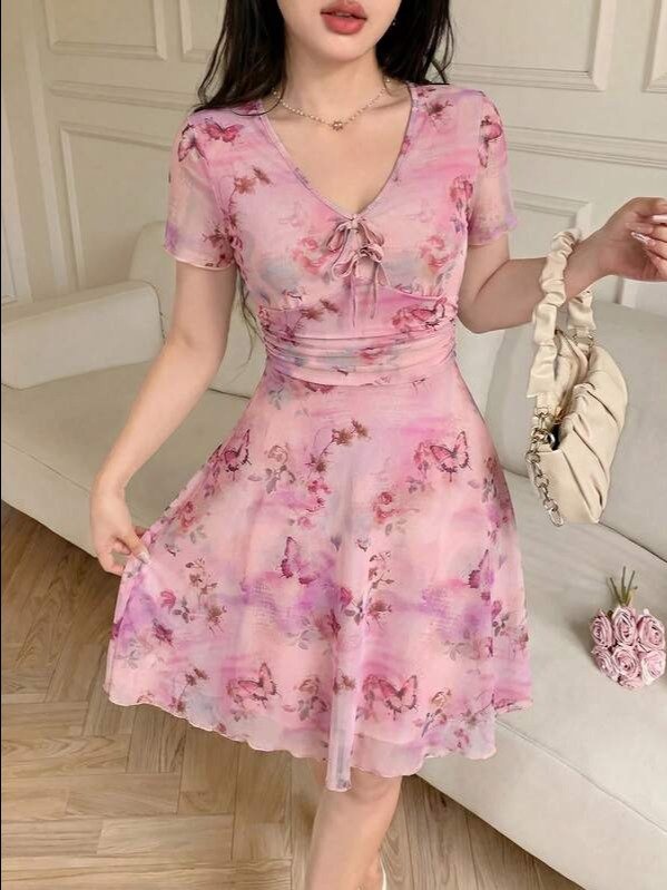 Feyla ADLEST Women's Front Tie Full Print V-Neck Short Sleeve Mini Dress product image (4)