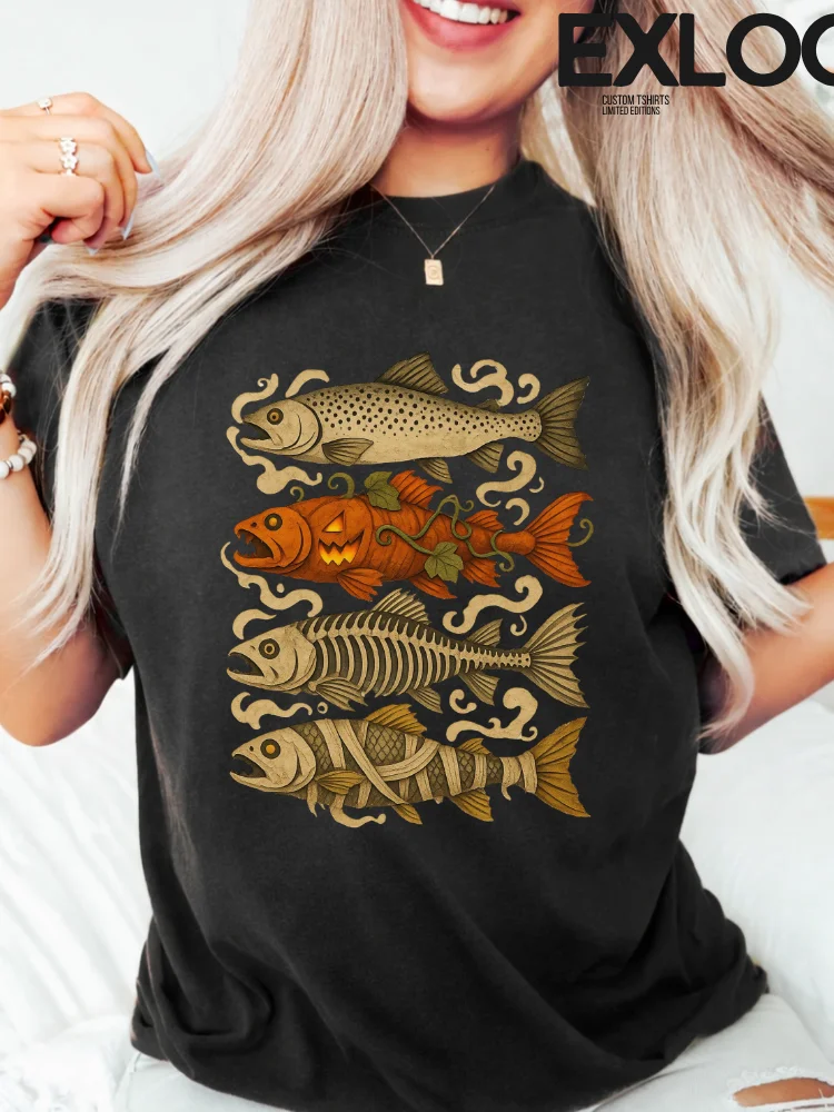 Halloween Trout Fish Ghost Pumpkin Skeleton Mummy T-Shirt product image (2)