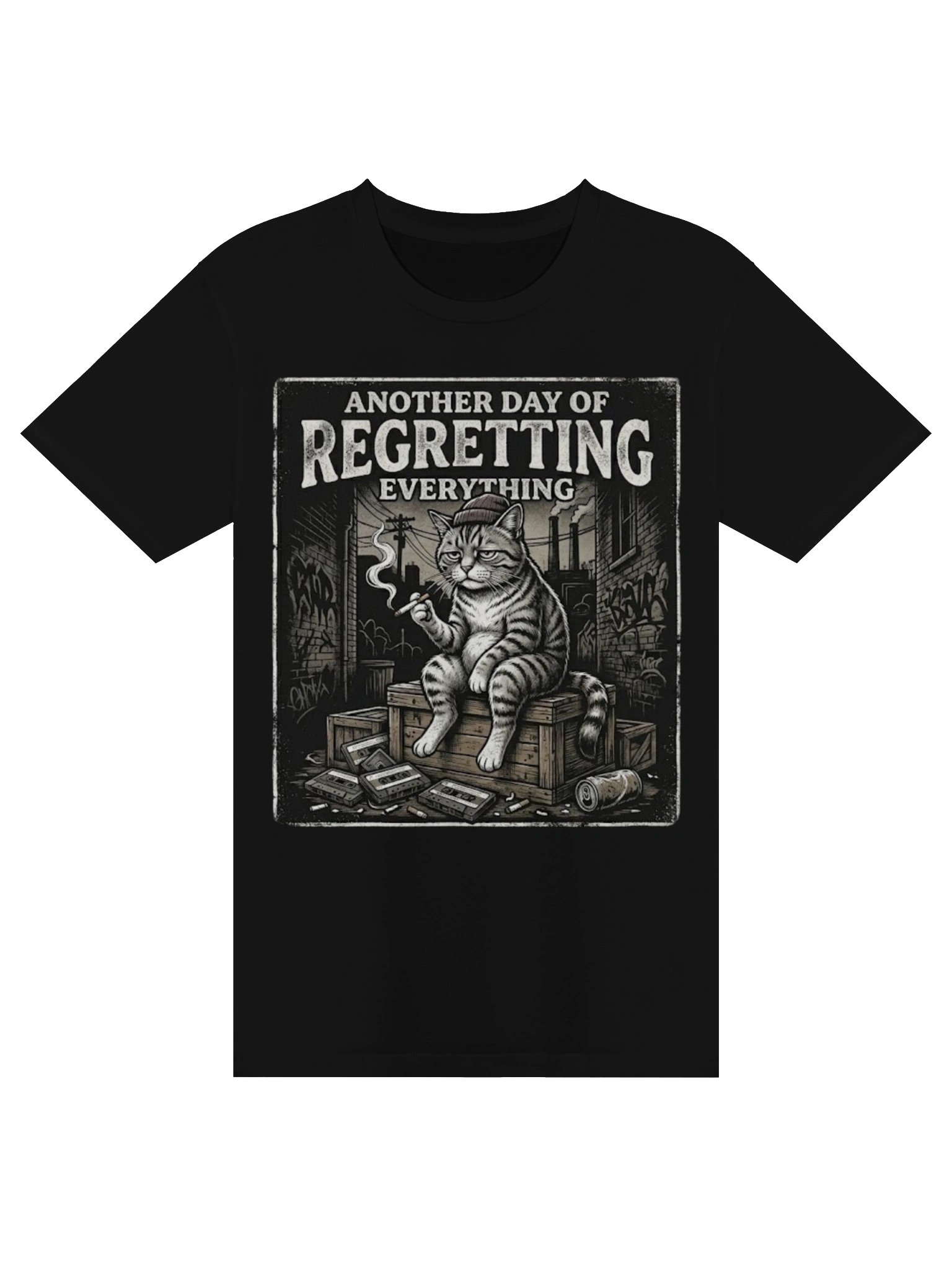 Funny Dark Humor Smoking Cat T-Shirt Design | "Another Day Of Regretting Everything" Vintage Graphic Art product image (4)