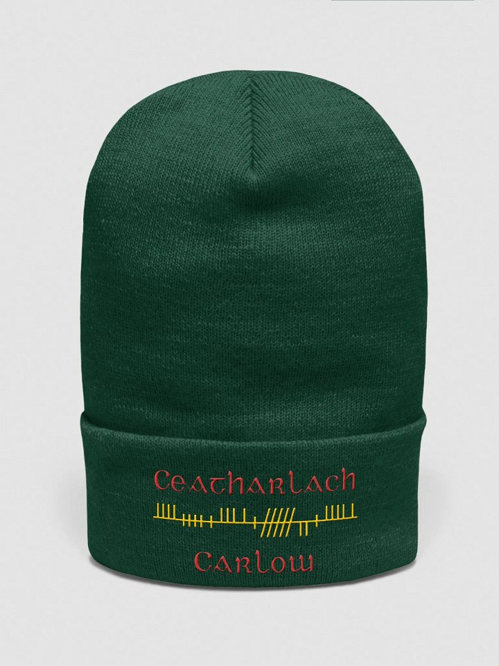 Carlow/Ceatharlach, Green with Red and Gold, Orthodox style Ogham embroidered Cuffed Beanie product image (1)