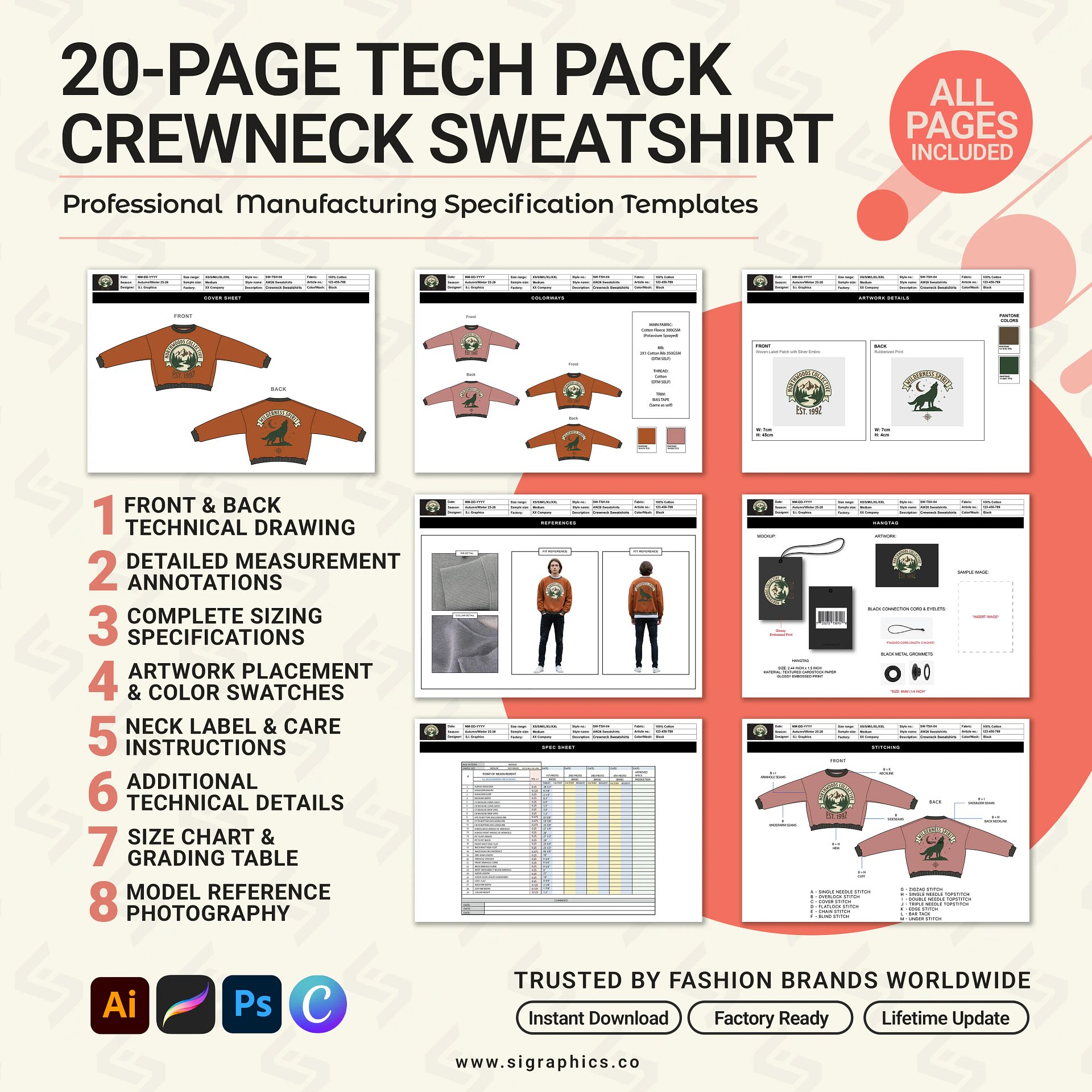 Crewneck Sweater Sweatshirt Tech Pack Template product image (2)