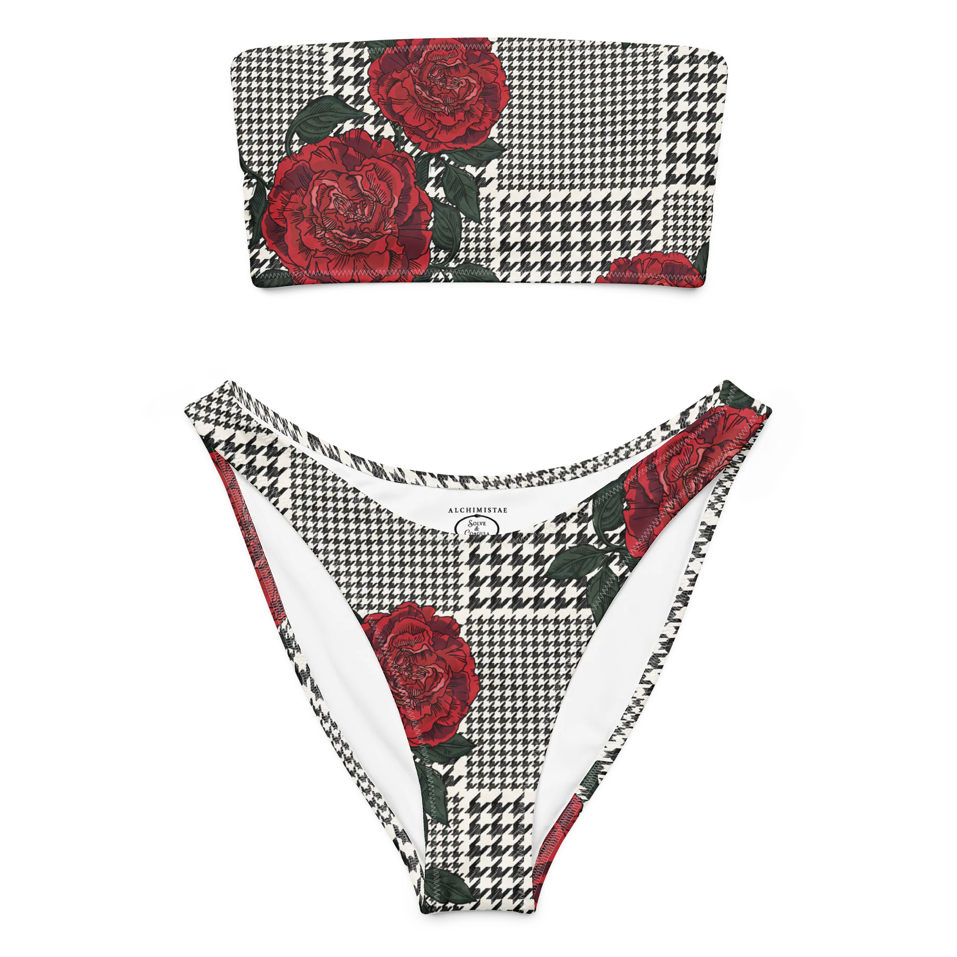 BIKINI BANDEAU FEMME IMPRIMÉ PIED-DE-POULE & ROSES – ALCHIMISTAE product image (1)