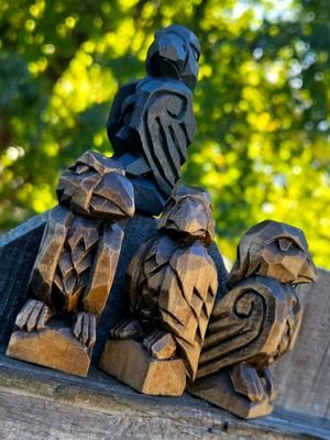 Hand Carved Ravens.  1x1 Blocks, Knife only, Full carving tutorial just uploaded to YouTube. Cut by cut. I think this is a solid, beginner project.  As in, a first time carve. #woodcarving #whittling #nordicstyle #raven #mythology 