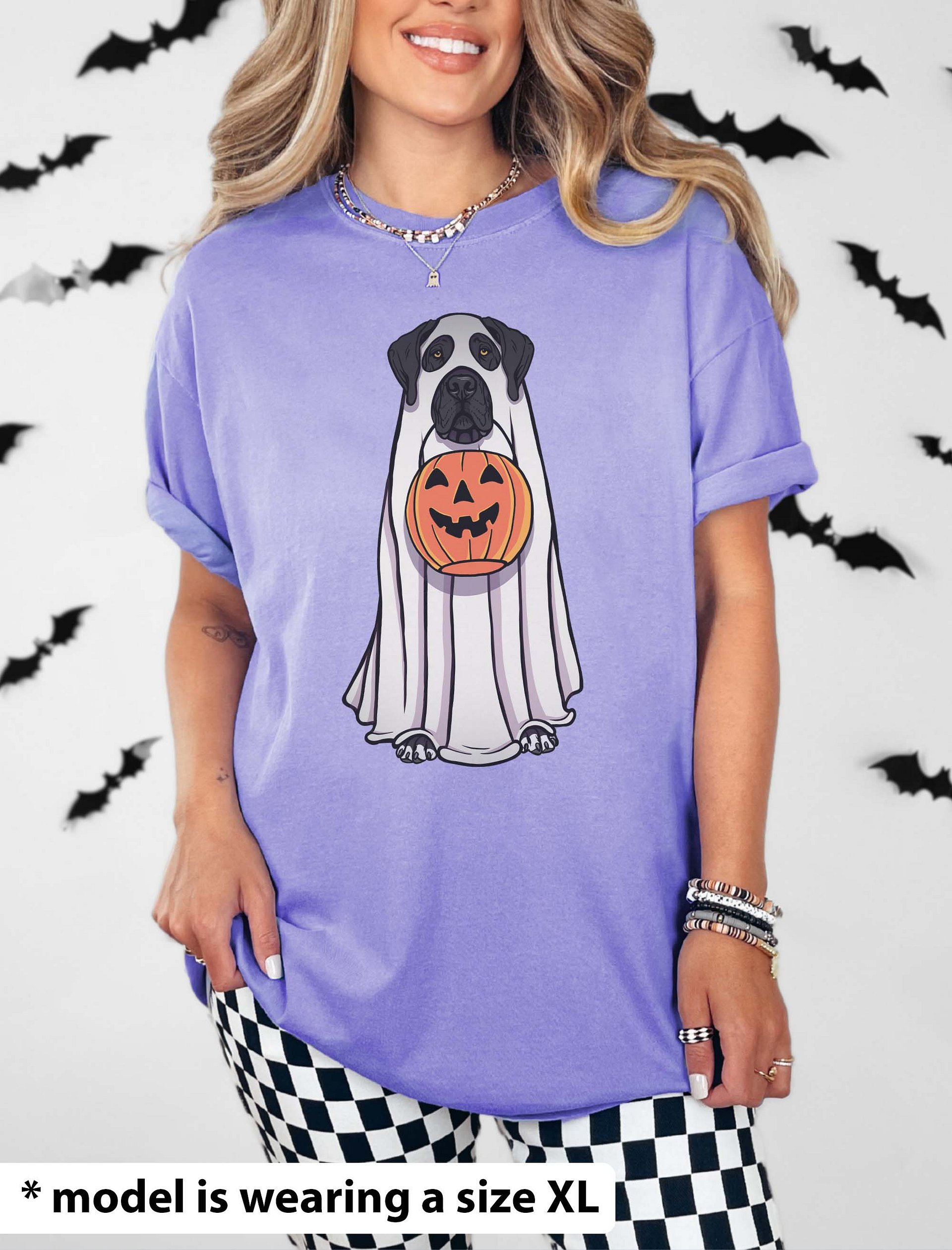 Funny Halloween Great Dane(Black) T-Shirt | Funny Great Dane Wearing a Ghost Costume and Holding a Pumpkin Basket product image (2)
