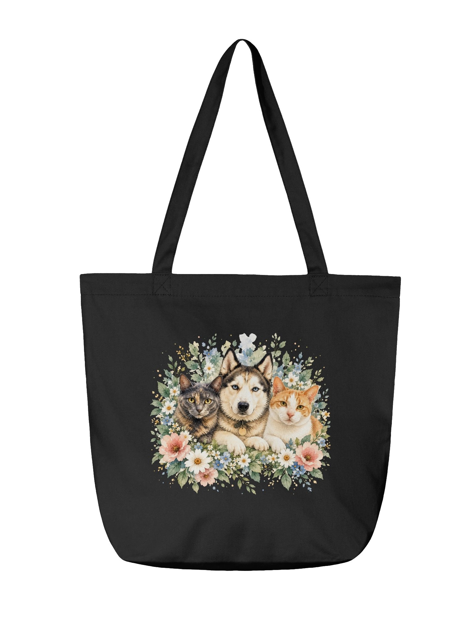 Floral Husky and Cats Reusable Tote Bag product image (4)