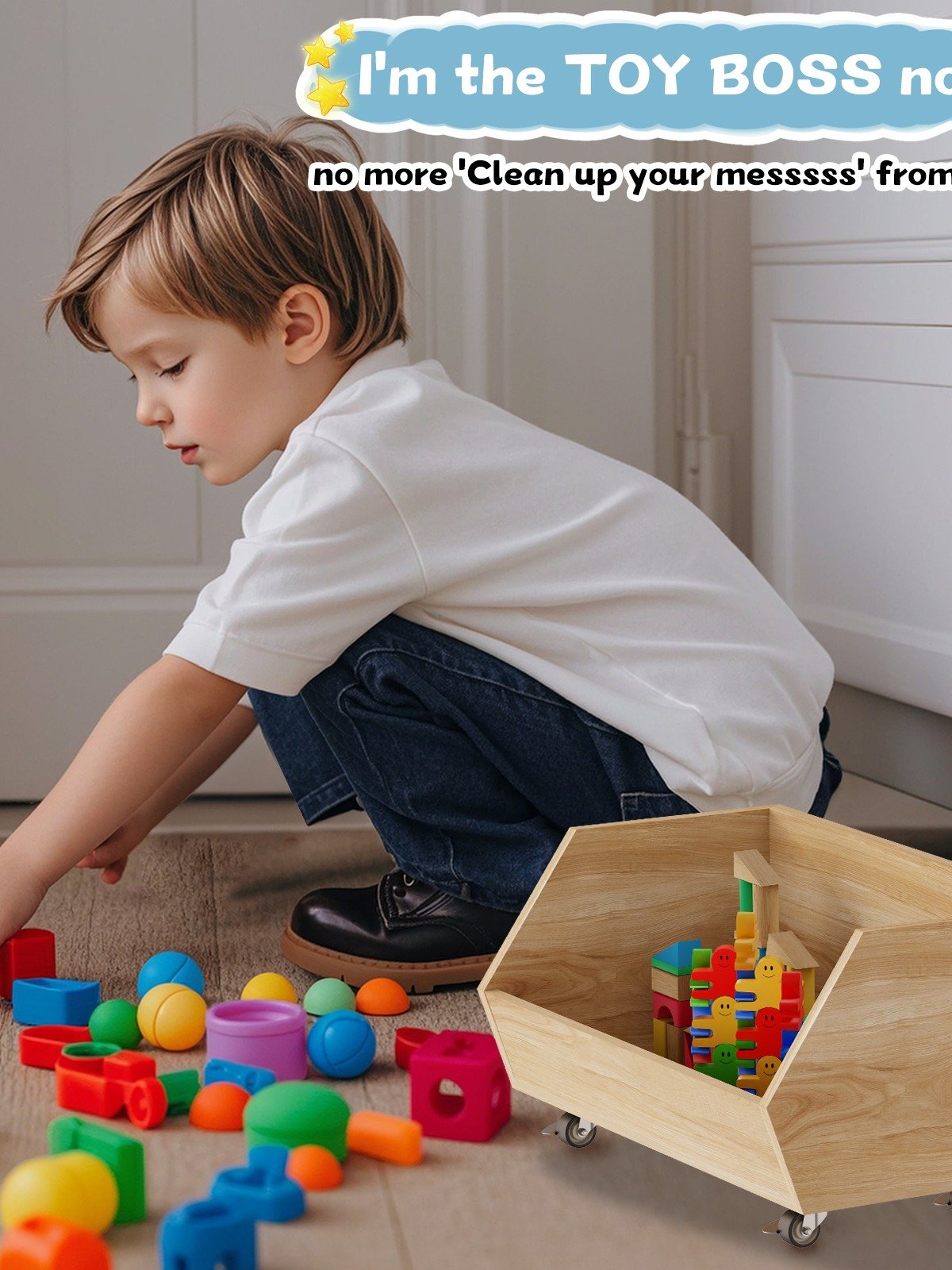 3-Tier Portable Toy Storage, Kids Toy Organizer W/2 Removable Bins with 4 Wheels（Wood) product image (4)