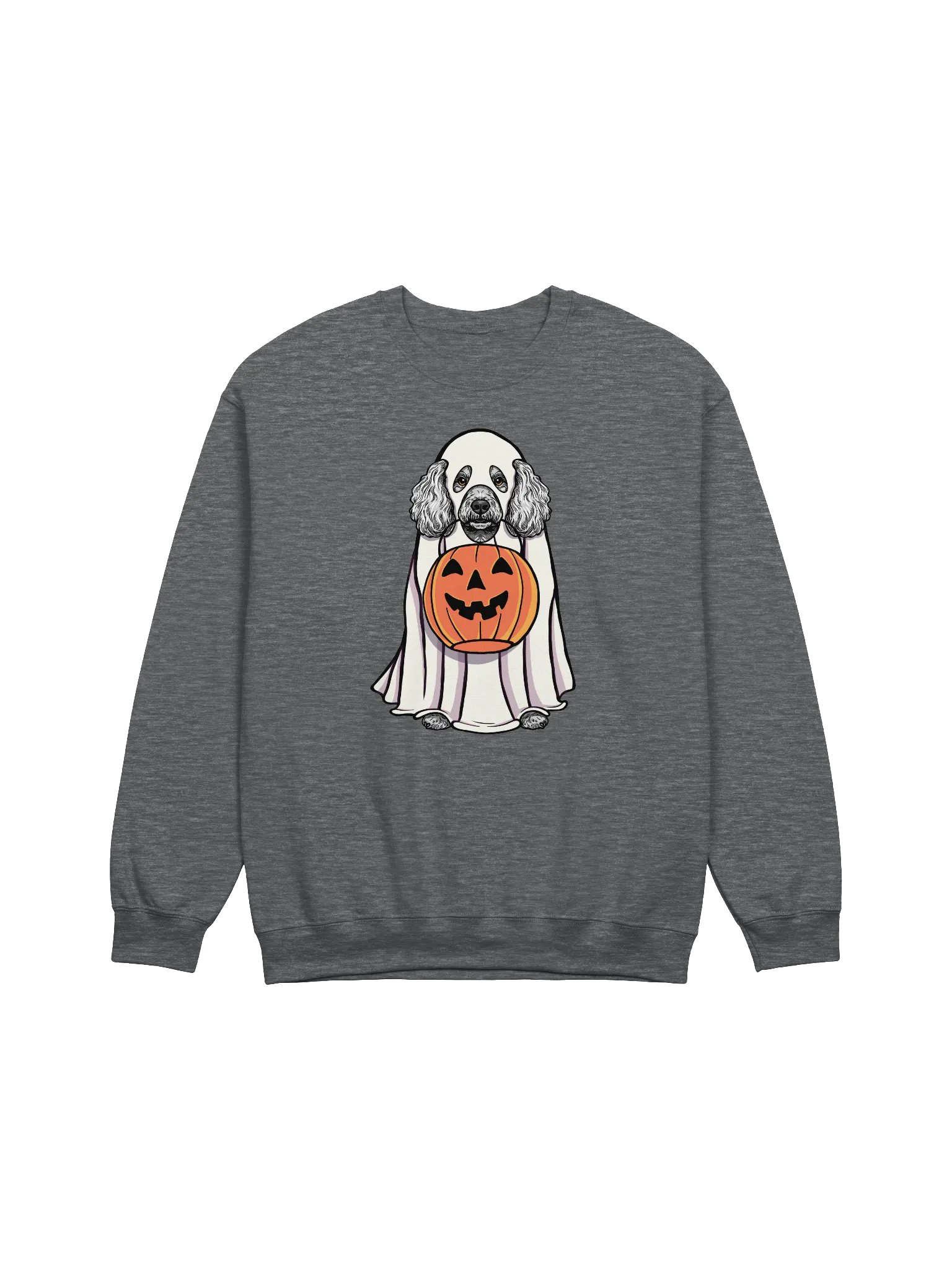 Funny Halloween Mini Poodle(Gray) Sweatshirt | Funny Poodle Wearing a Ghost Costume and Holding a Pumpkin Basket product image (1)
