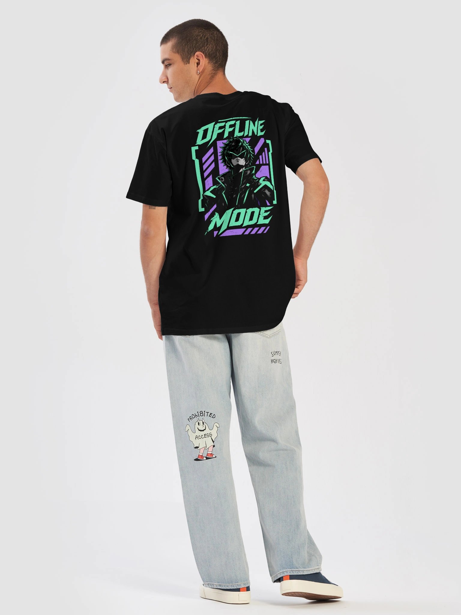 Offline Mode Cyberpunk Anime T-Shirt | Futuristic Gamer Back Print Graphic Tee product image (2)