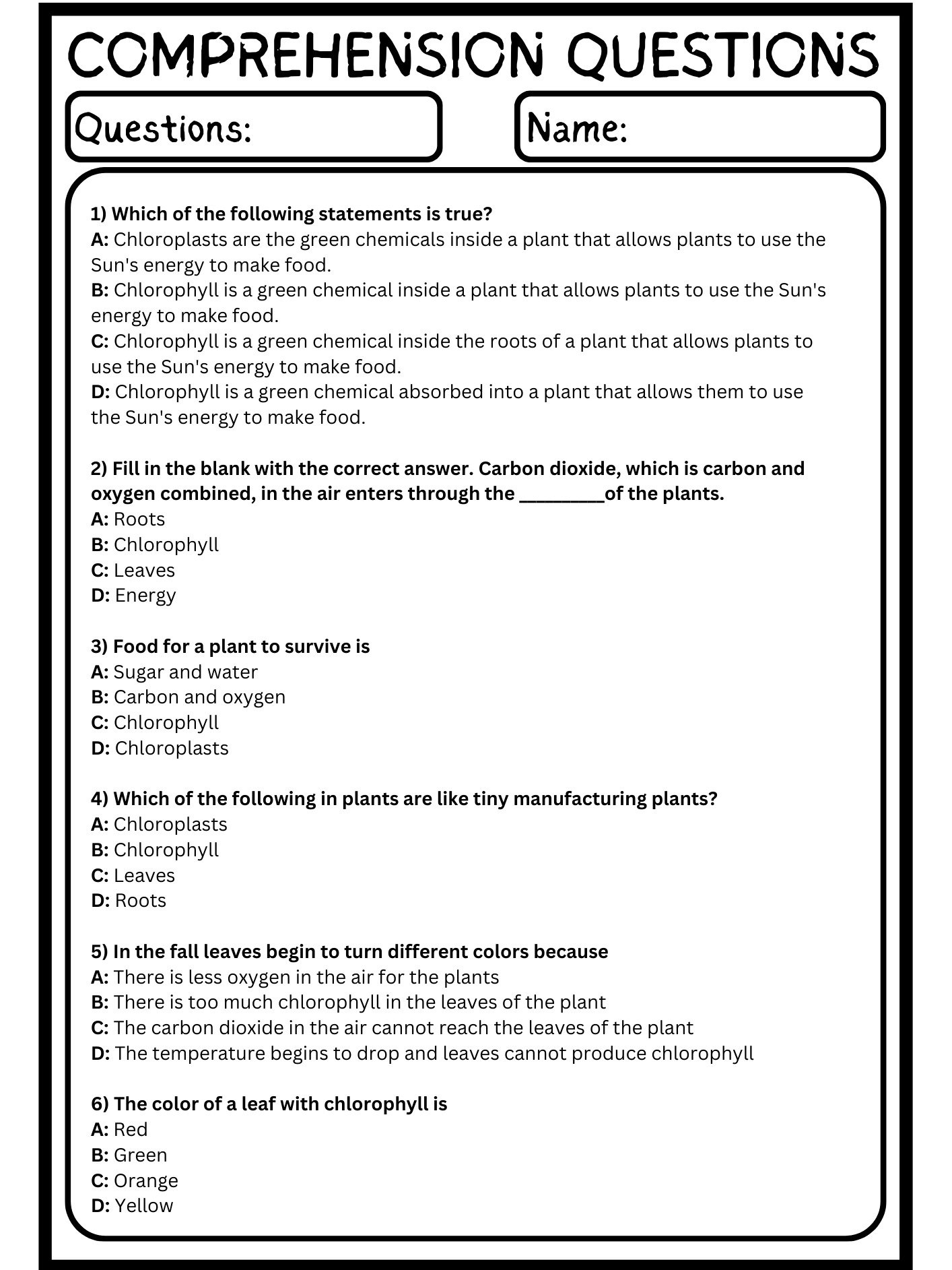 reading passages on photosynthesis worksheets with questions product image (3)