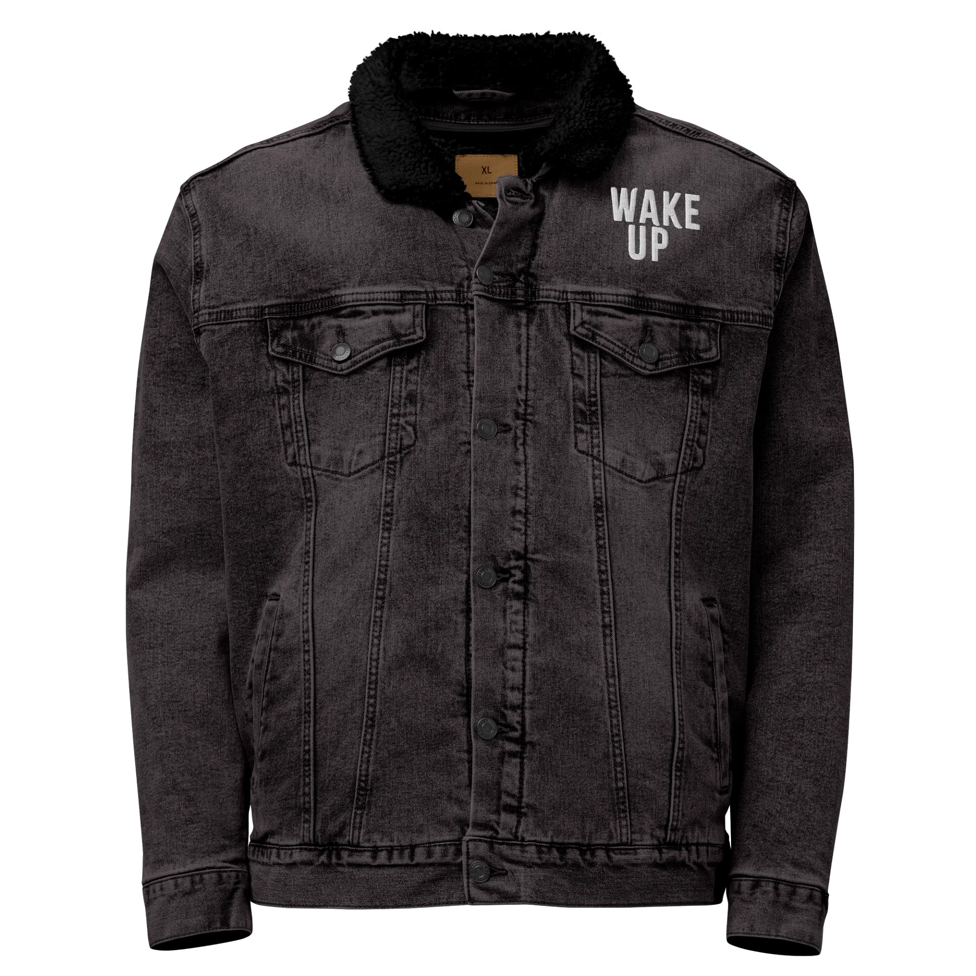 “Wake Up” embroidered sherpa denim jacket – washed black winterwear from Seven Shades of Nothing product image (1)