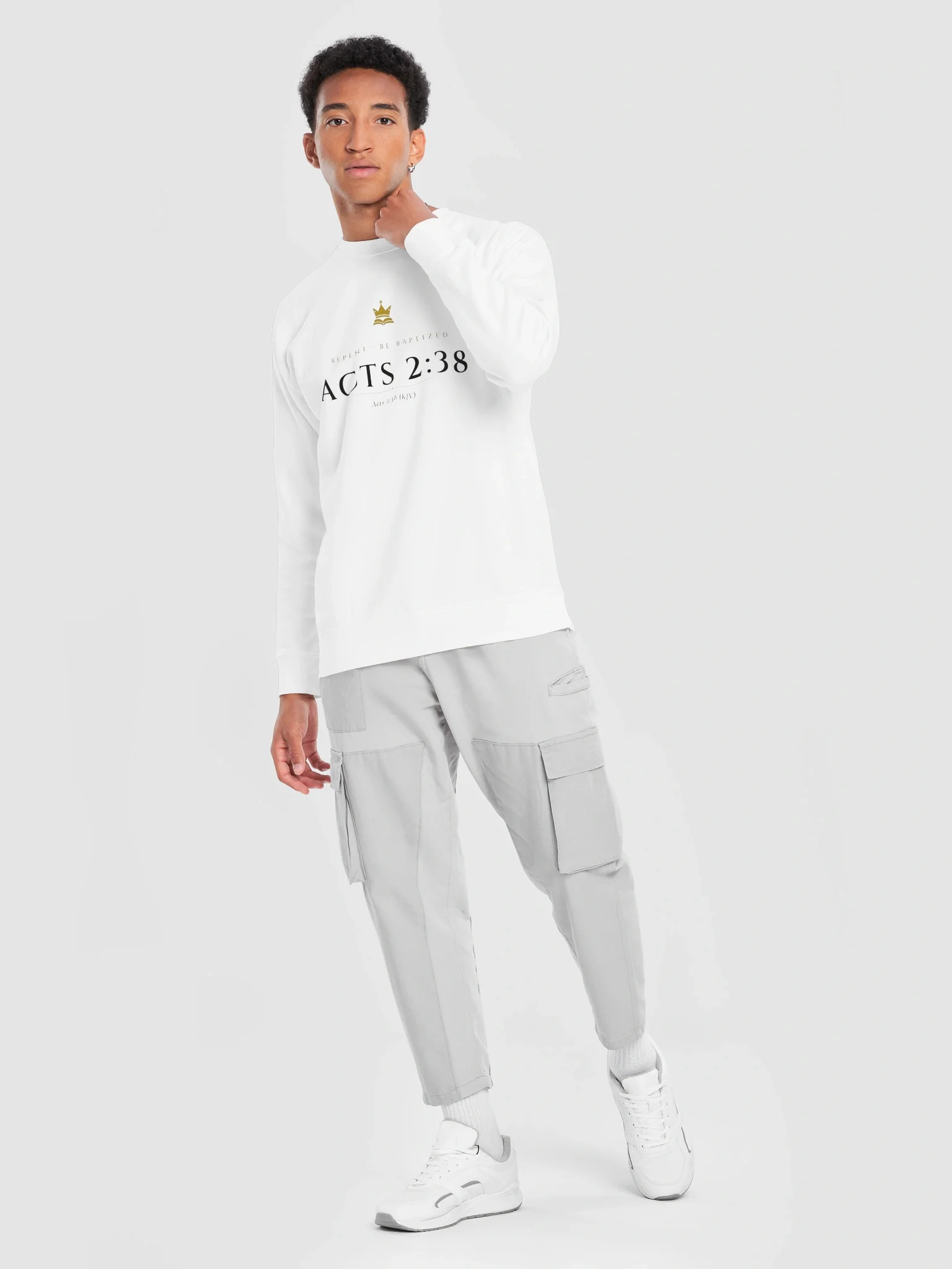 Acts 2:38 Crewneck - White, view 7 — Christ Is King crewneck