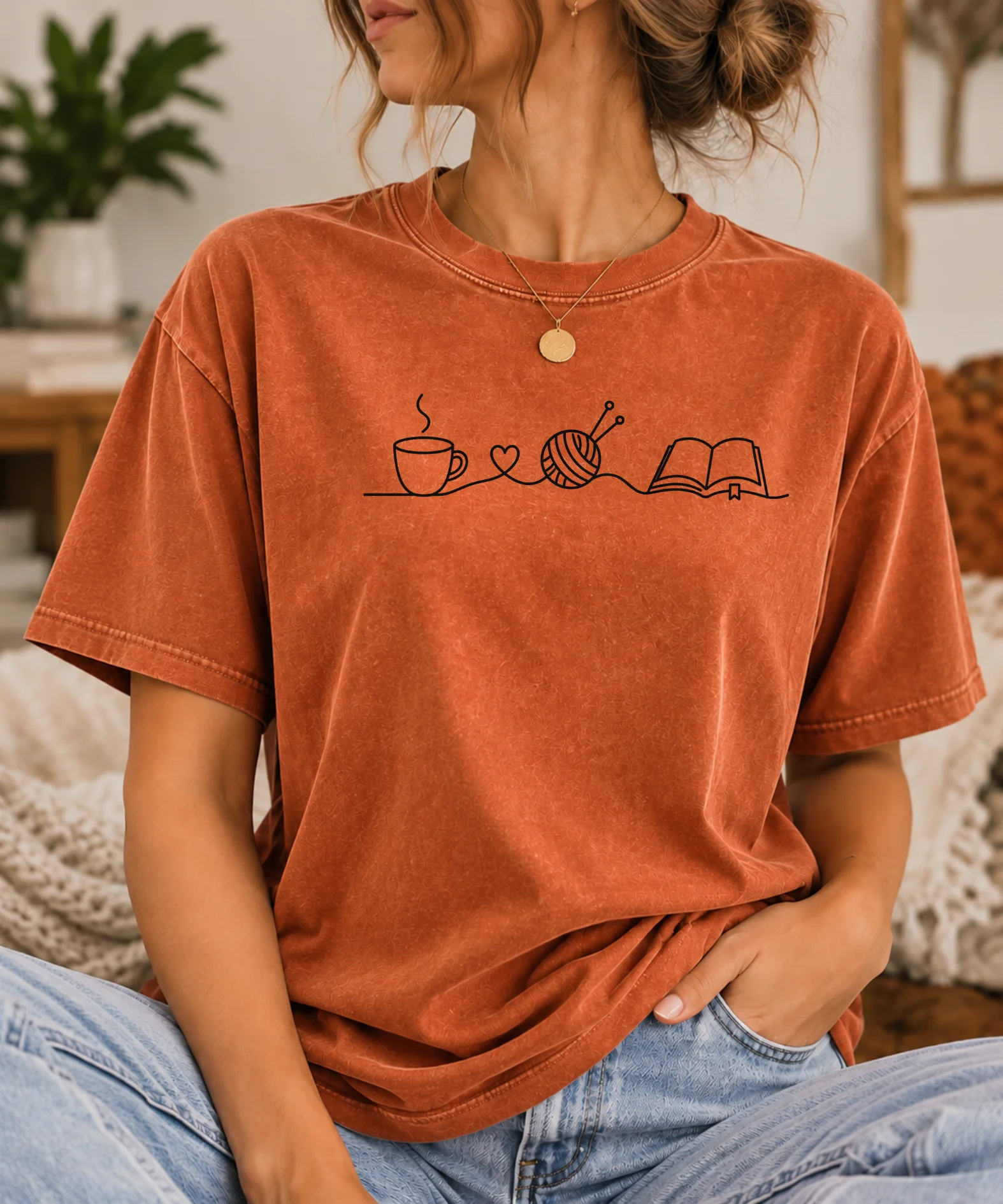 Cozy Hobbies T-Shirt, Book Lover Coffee Shirt, Knitting Gift, Minimalist Hobby Tee, Reading and Yarn Lover Gift product image (2)