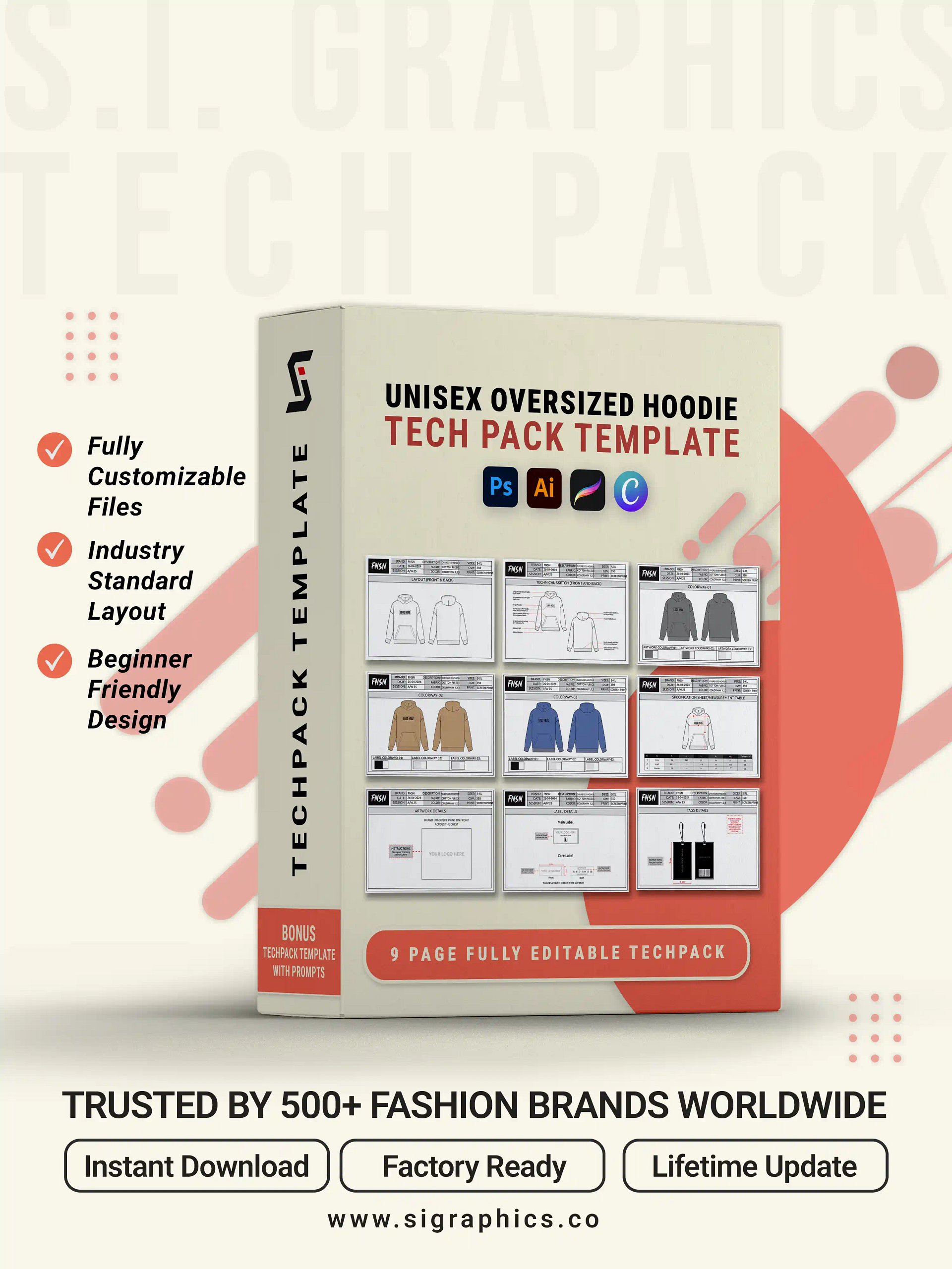 Unisex Oversized Hoodie Tech Pack Template product image (1)