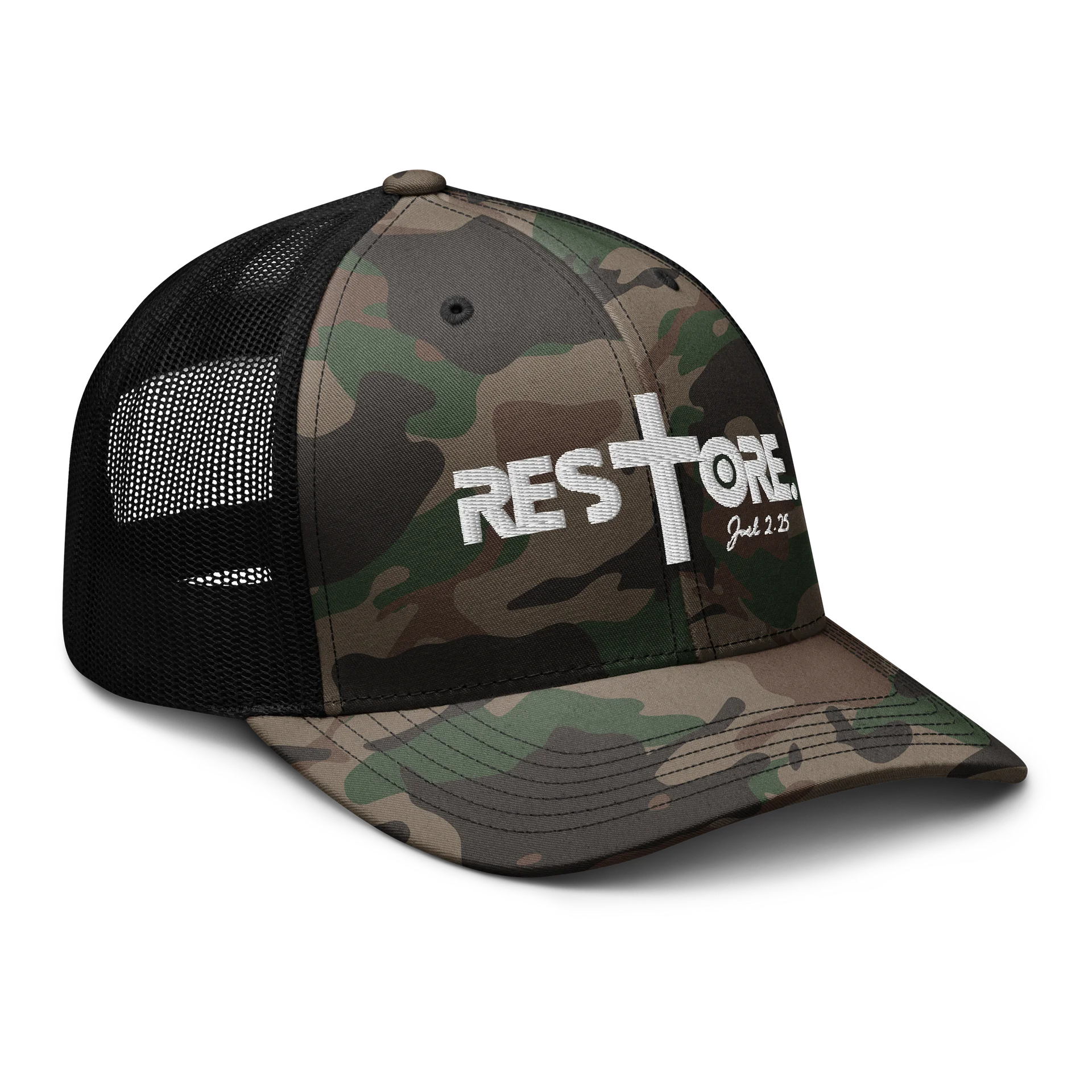 RESTORE™ Camo Trucker Hat | Joel 2:25 Christian Snapback | Faith-Inspired Mesh Cap | Scripture Apparel product image (6)