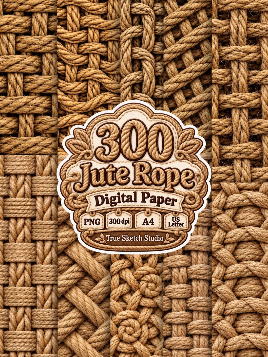 Jute Rope Digital Paper Bundle, Beige Brown Woven Textures, Rustic Scrapbook Backgrounds, Braided Motifs, Printable Junk Journal Craft Pages product image (5)