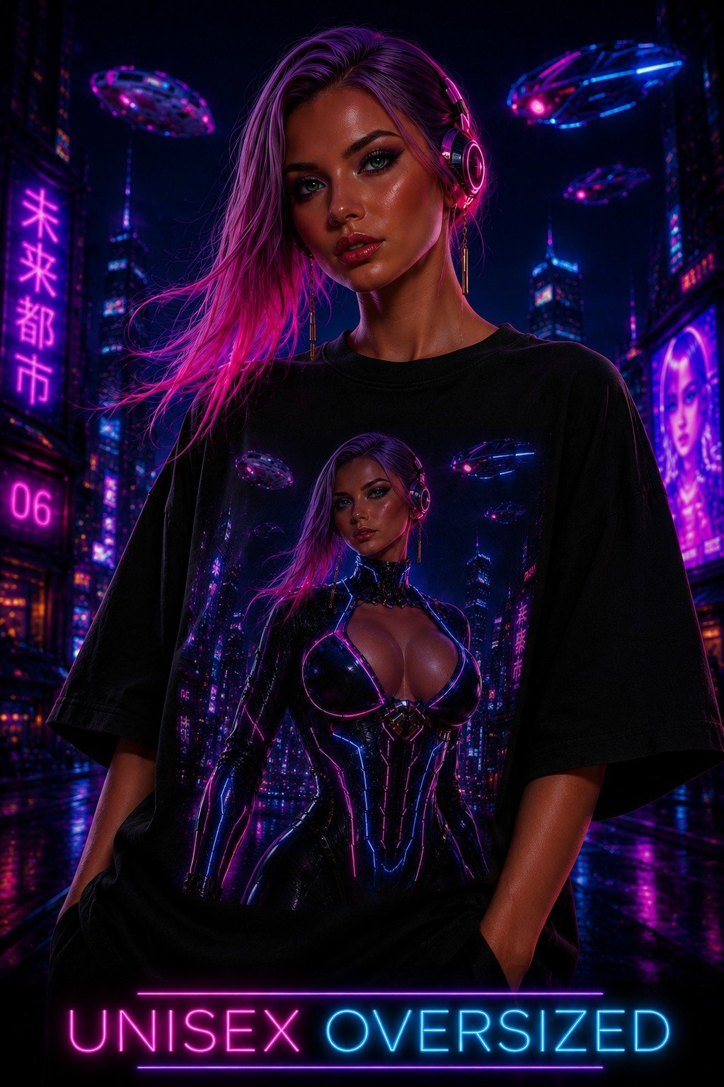 Cyberpunk Neon City Graphic T-Shirt | Futuristic Sci-Fi Unisex Oversized Tee product image (1)