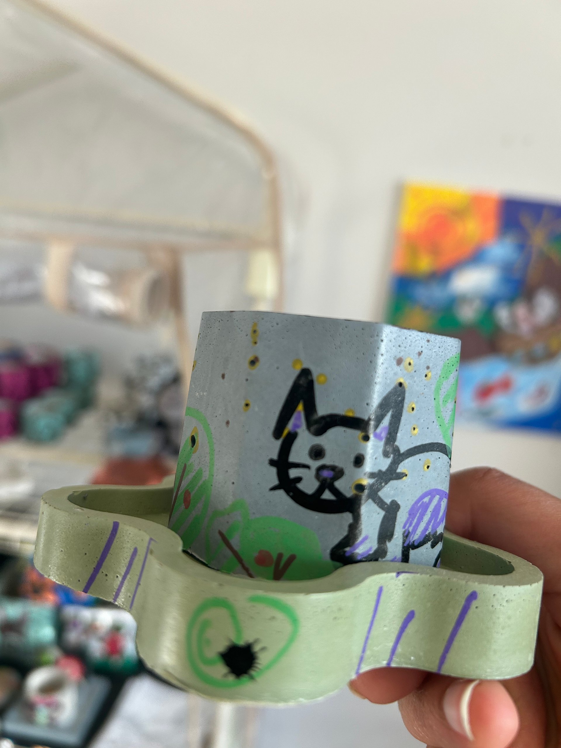 Sketch kitty 1-1 original painted cement plant pot and tray product image (2)