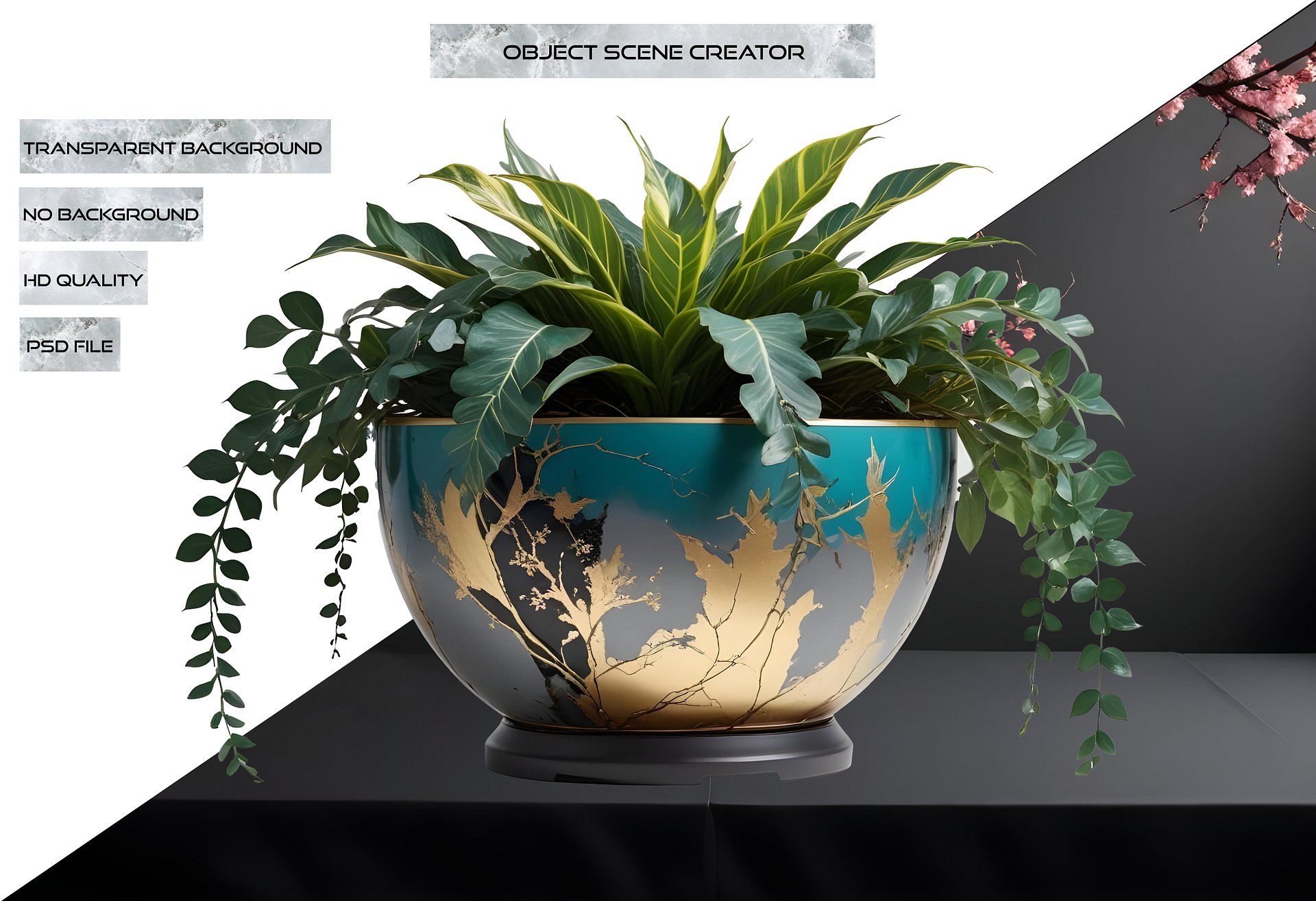 Kintsugi Bliss – Turquoise and Gold Planter with Foliage PNG product image (2)