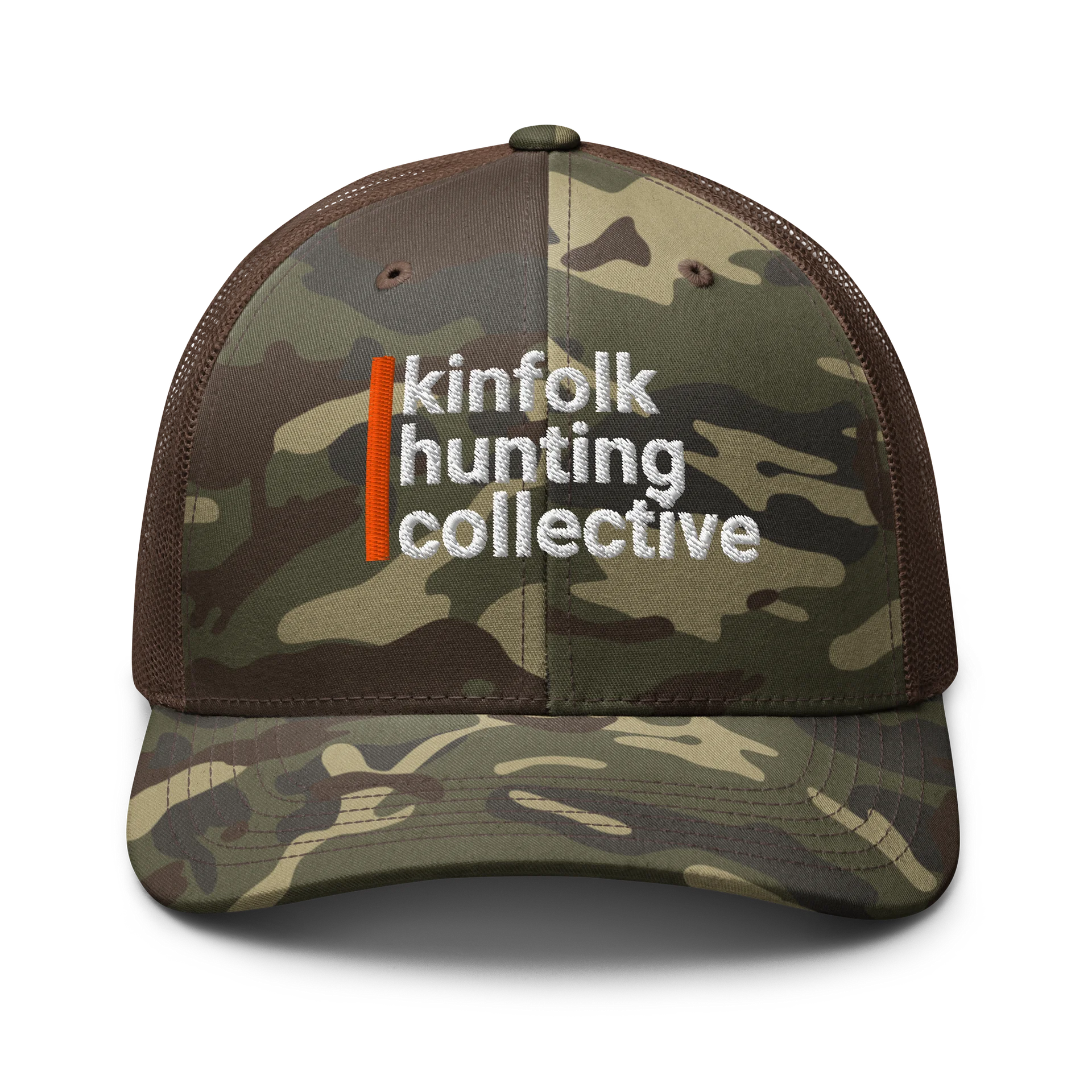 Camouflage Trucker Hat with Kinfolk Hunting Logo product image (1)