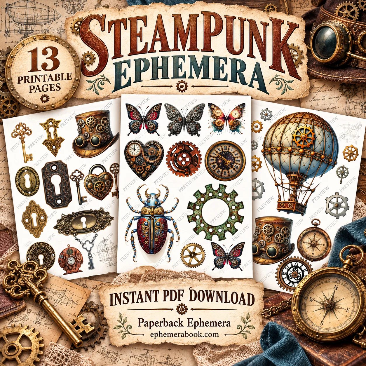 Steampunk Ephemera Printable PDF | 13 Junk Journal Sheets product image (2)