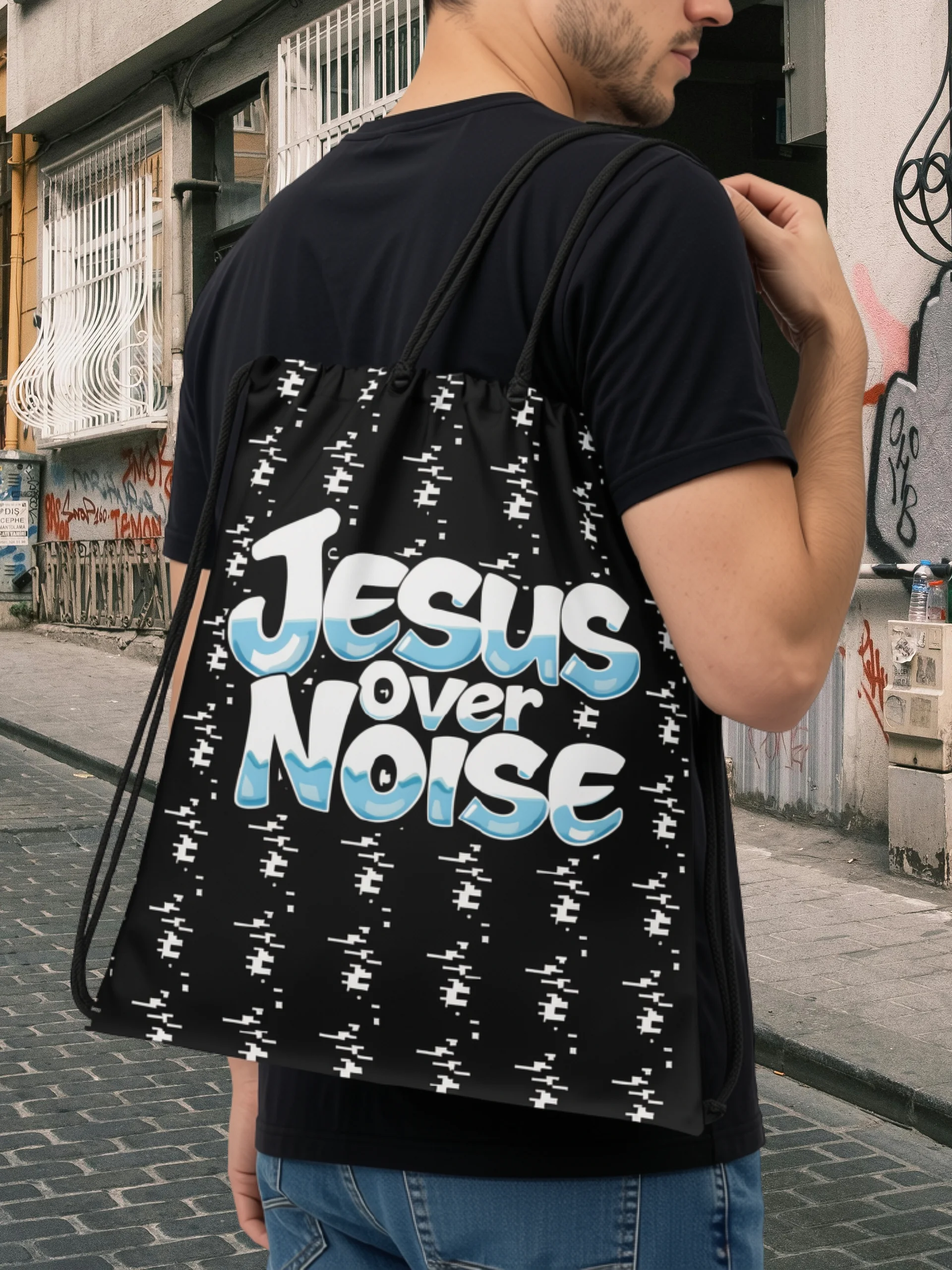Jesus Over Noise Drawstring Bag product image (1)