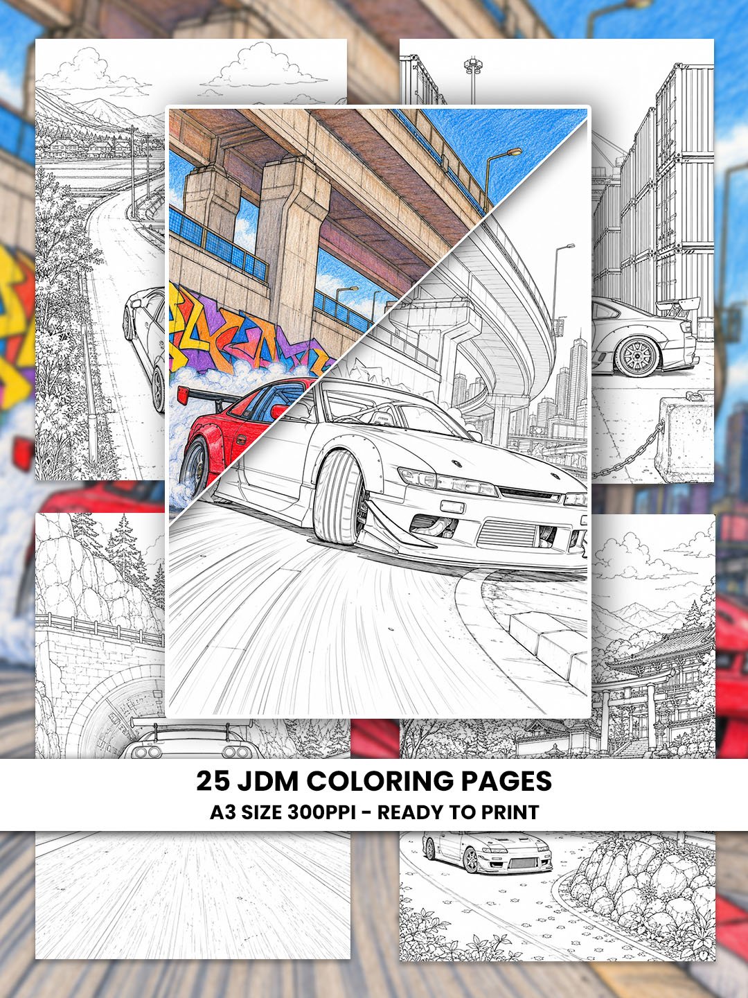 JDM Car Coloring Pages Printable | 25 Drift & Tuner Car Designs | Japanese Sports Car Coloring Book PDF product image (1)