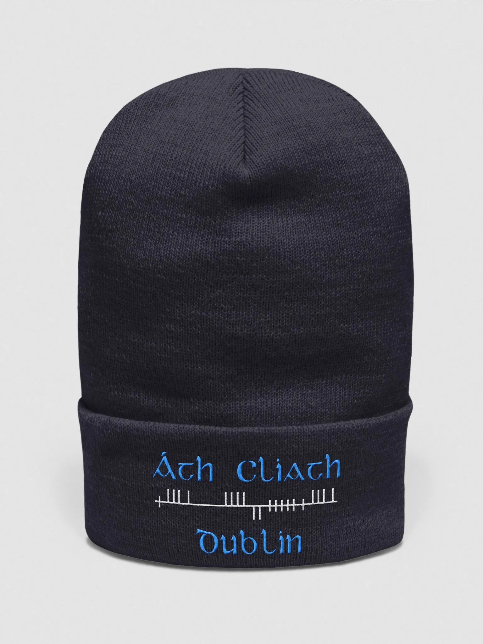 Dublin/Áth Cliath Orthodox style Ogham, Light Blue and white, embroidered Cuffed Beanie product image (1)