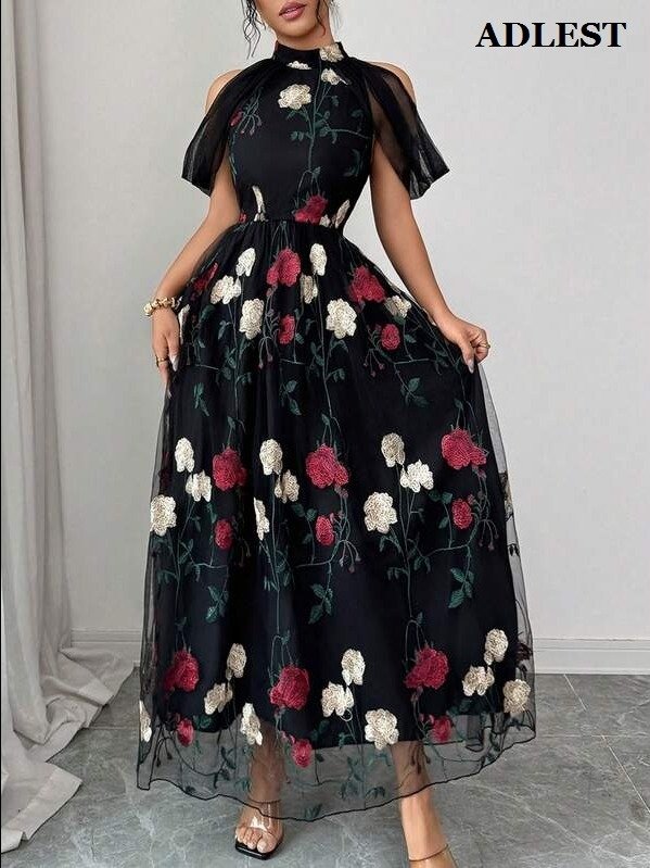 ADLEST | Elenzga Women's Summer New Romantic French Elegant Delicate Valentine's Day Date Party Wedding Season Mesh Embroidery Vintage Floral Black Off-Shoulder Cinched Waist A-Line Maxi Dress product image (2)