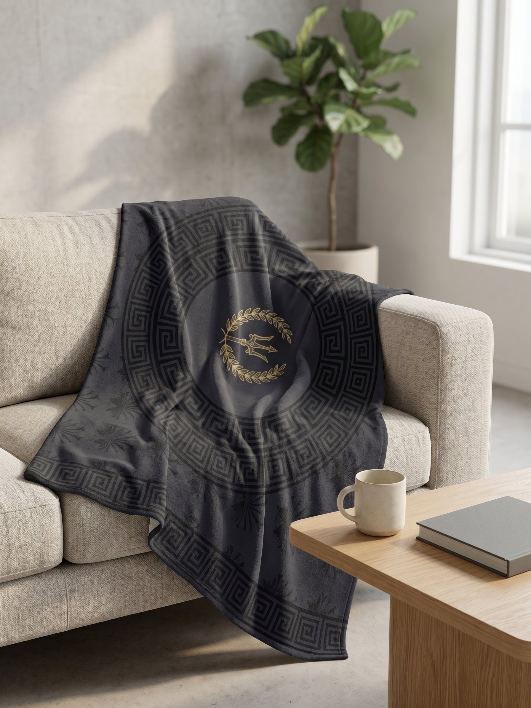 Greek Mythology Trident Emblem Luxury Throw — Midnight Black & Gold product image (1)