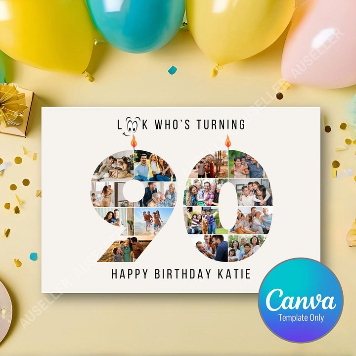 90th Birthday Number Photo Card Canva Template product image (1)