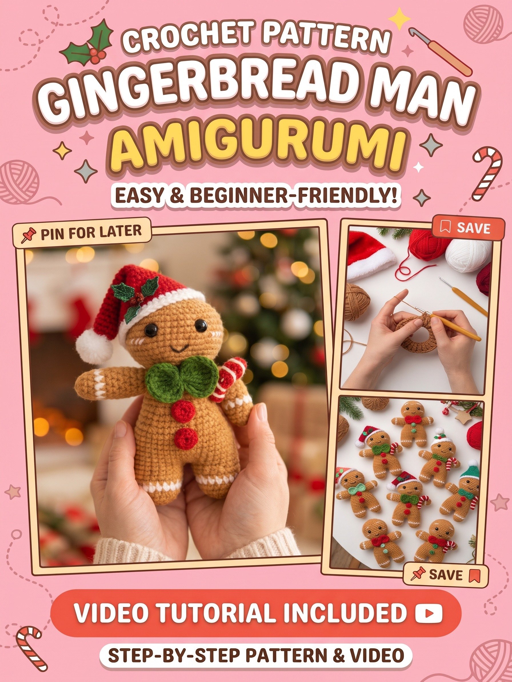 Gingerbread Man Crochet Pattern PDF, Christmas Amigurumi Doll, Santa Hat & Candy Cane, Step-by-Step Photo & Video Tutorial product image (1)