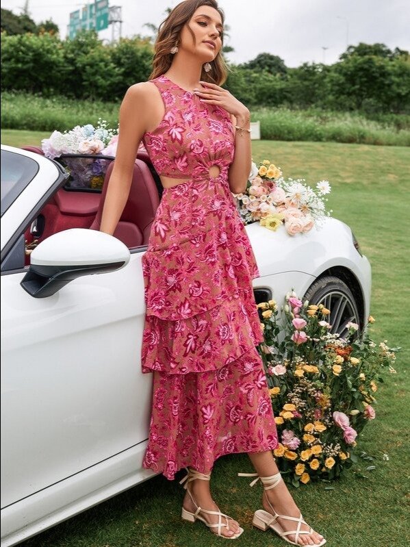 Floral Ring-Link Cutout Layered Boho Maxi Dress | ADLEST product image (3)