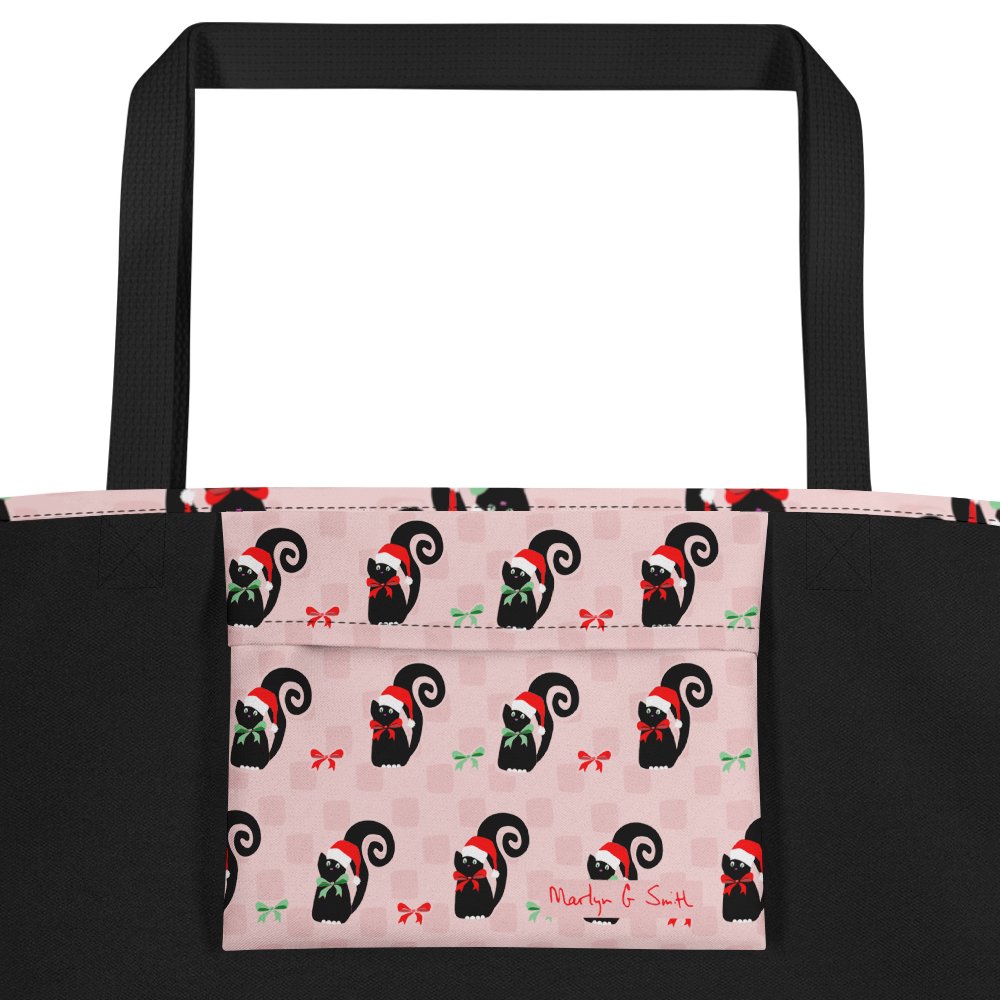 Black Christmas Kitties On Pink Checkerboard – Large Tote Bag product image (2)