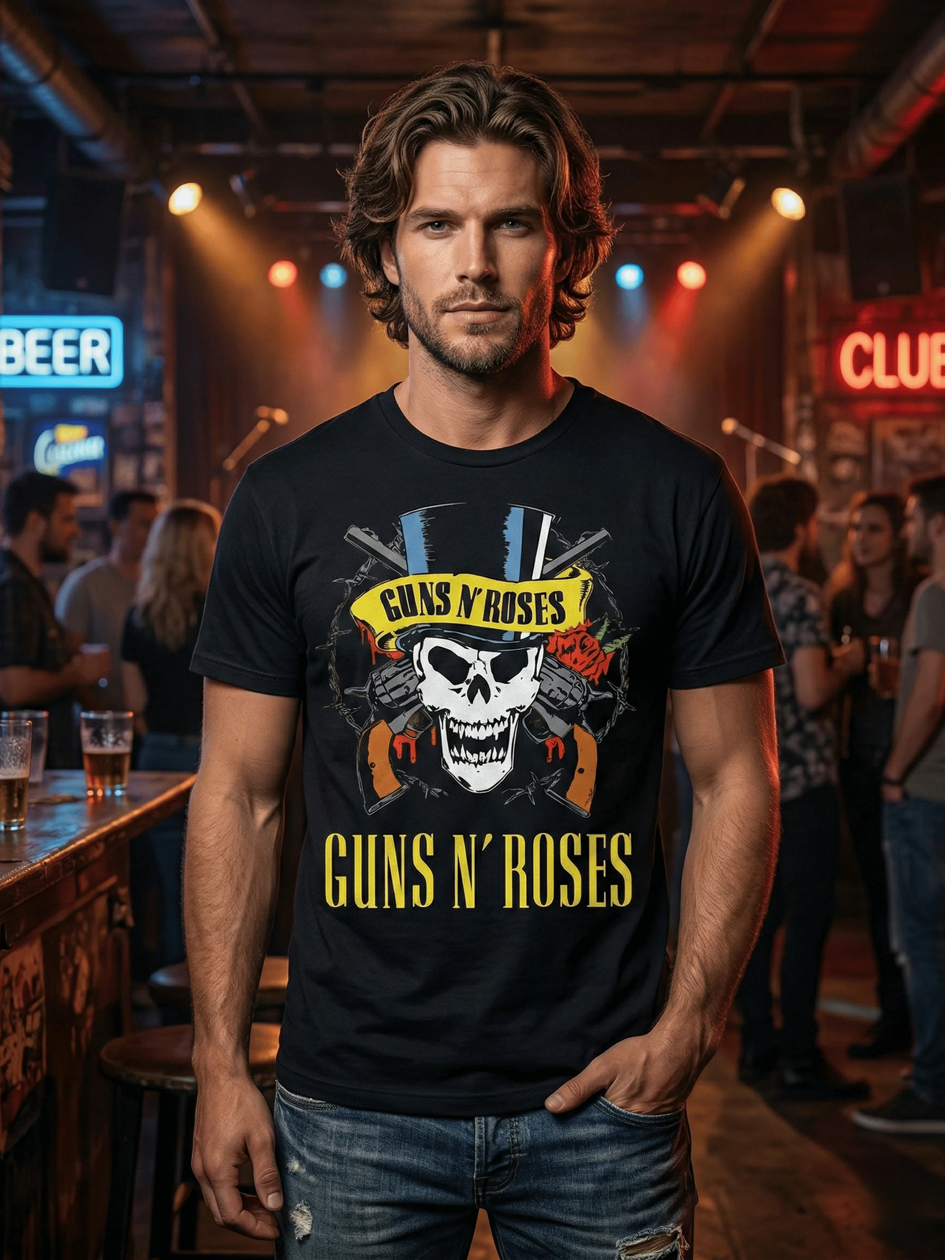 Guns N' Roses Skull Top Hat T-Shirt | Use Your Illusion Crossed Guns Graphic Tee | 90s Classic Hard Rock Band Shirt product image (1)