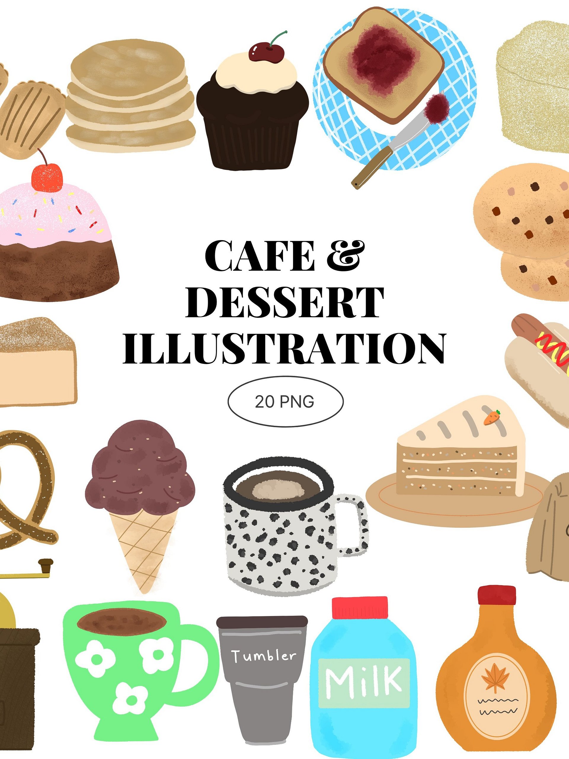 20 Hand-Drawn Cafe & Dessert PNG Clipart Bundle product image (1)