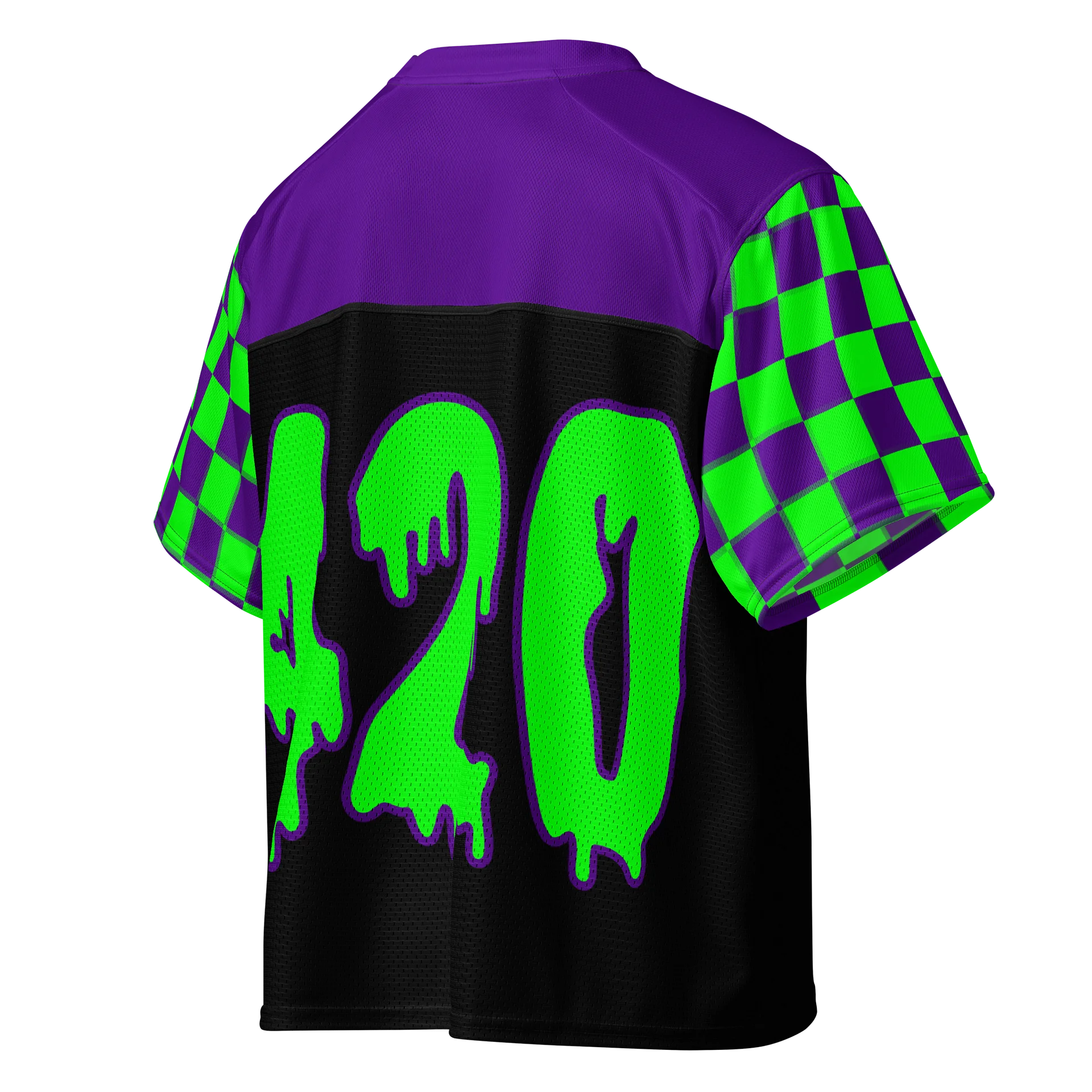 420 Rave Boxy Football Jersey, Twisted Cannabis Top, EDM Stoner Shirt, Weed Music Festival Fashion, Black Purple Neon Green Checkers Clothes product image (4)