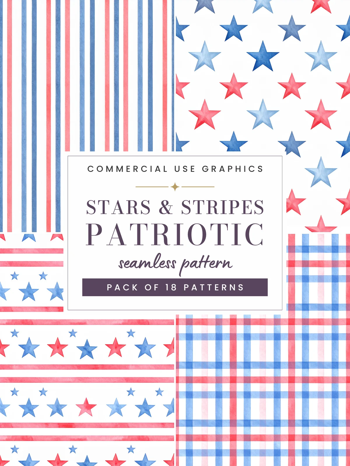 Stars & Stripes Seamless Patterns Patriotic Red White Blue Digital Papers Gingham 4th Of July Background USA Independence Day Commercial Use product image (1)