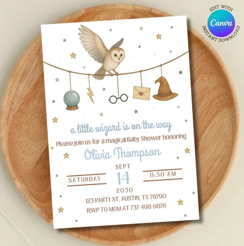 Little Wizard Baby Shower Invitation | Harry Theme | Editable Canva Template | Gender Neutral Invite | Harry Baby Shower Idea product image (1)