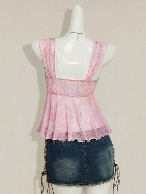 Ditsy Floral Asymmetrical Ruched Knot Cami Top | Women's Boho Wide Strap Mesh Blouse for Summer Vacation & Fall Outfits | ADLEST product image (2)