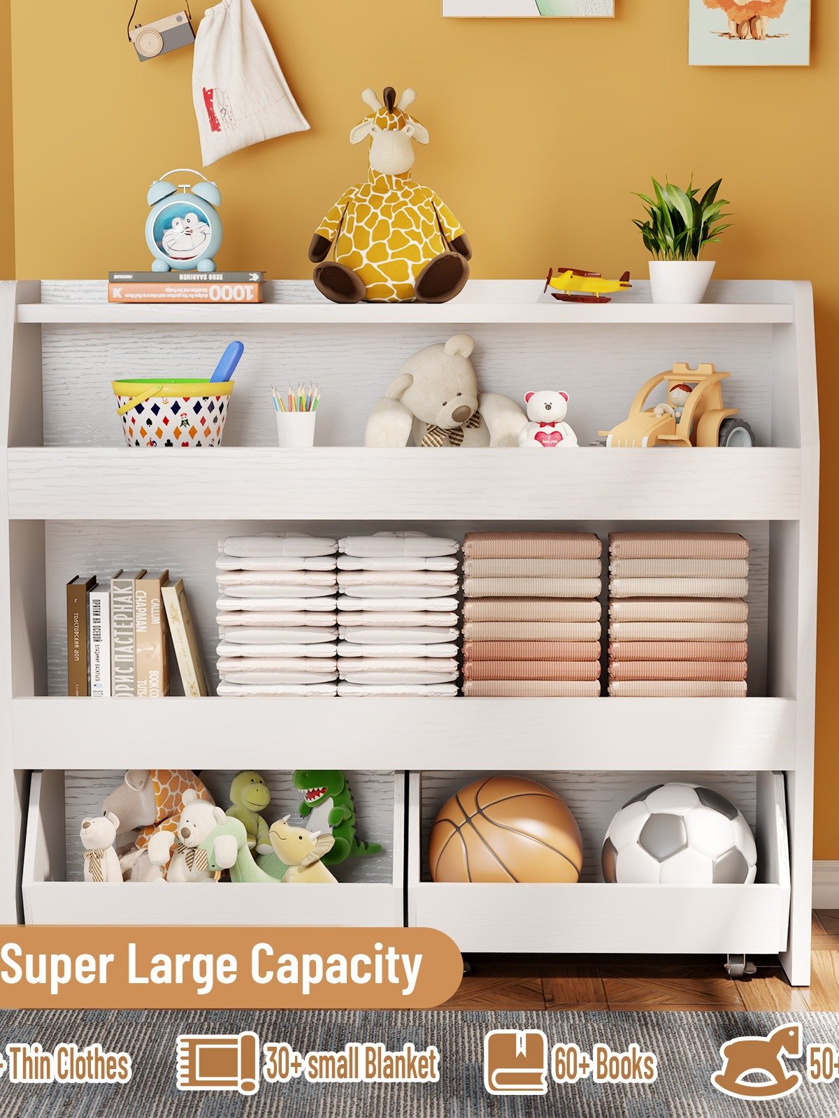 3-Tier Portable Toy Storage, Kids Toy Organizer W/2 Removable Bins with 4 Wheels（White) product image (6)