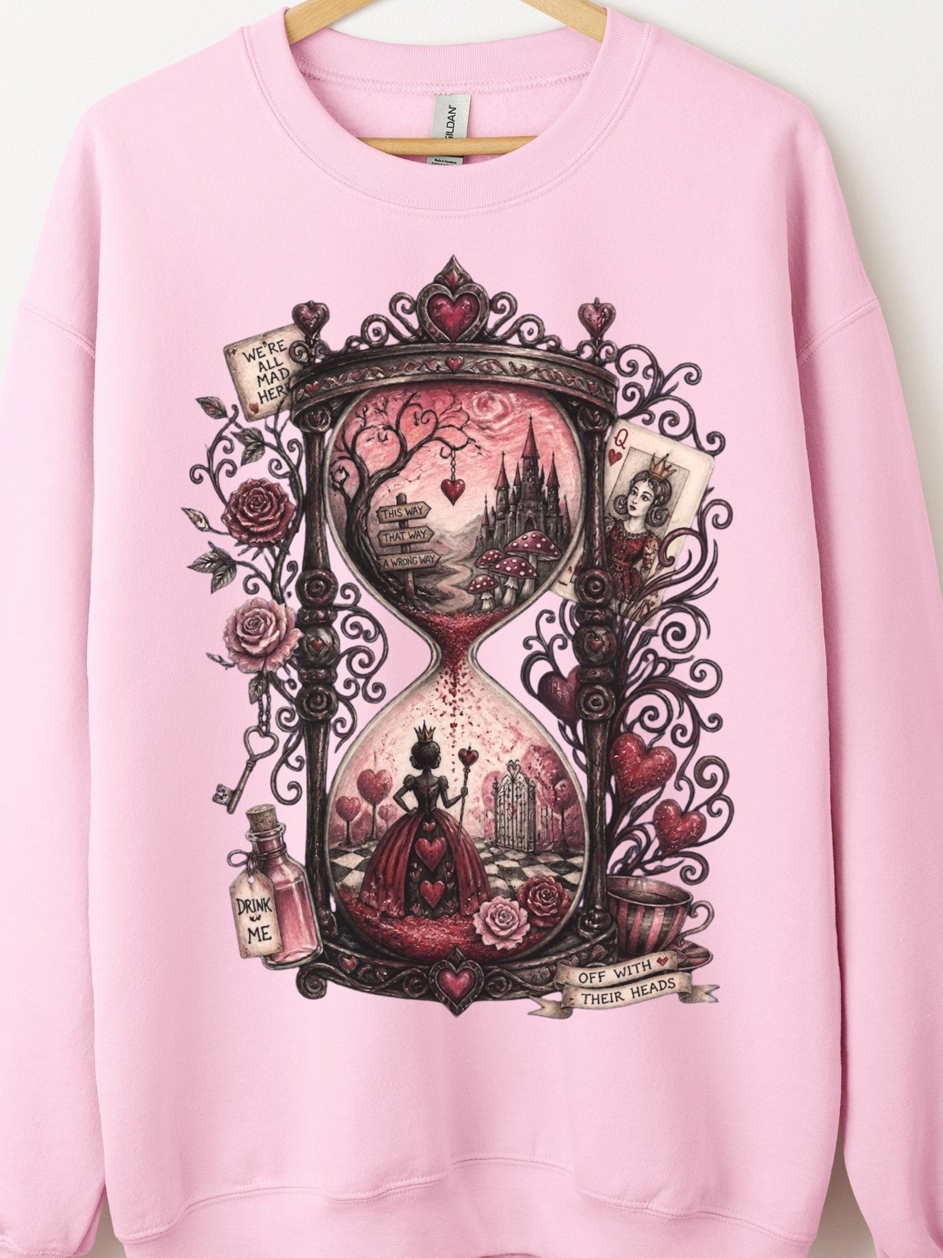 Wonderland Queen of Hearts Sweatshirt, Surreal Whimsigoth Hourglass Graphic product image (1)