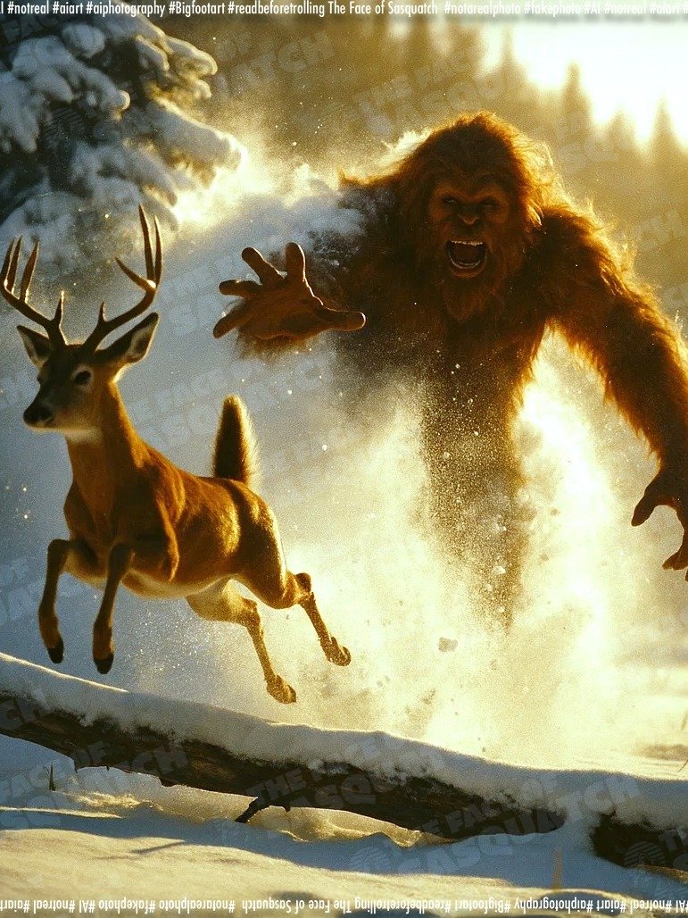 Red Devil Ambush – Bigfoot vs. Whitetail | Legendary Cryptid Encounter Art Print product image (1)