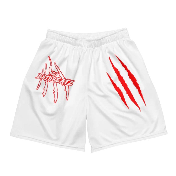 "DJ Benji Beatz Logo with Scars (Red)" All-Over Print Recycled Unisex Mesh White Shorts product image (1)