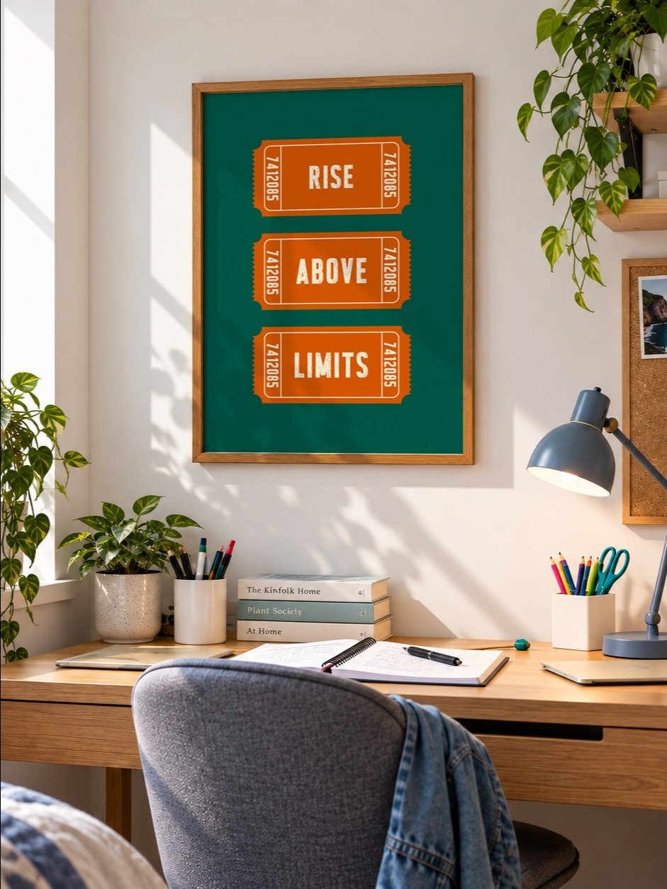 Rise Above Limits Motivational Poster, Retro Ticket Print, Dark Green Orange Typography Wall Art, Uplifting Art, Printable Inspirational Art product image (2)