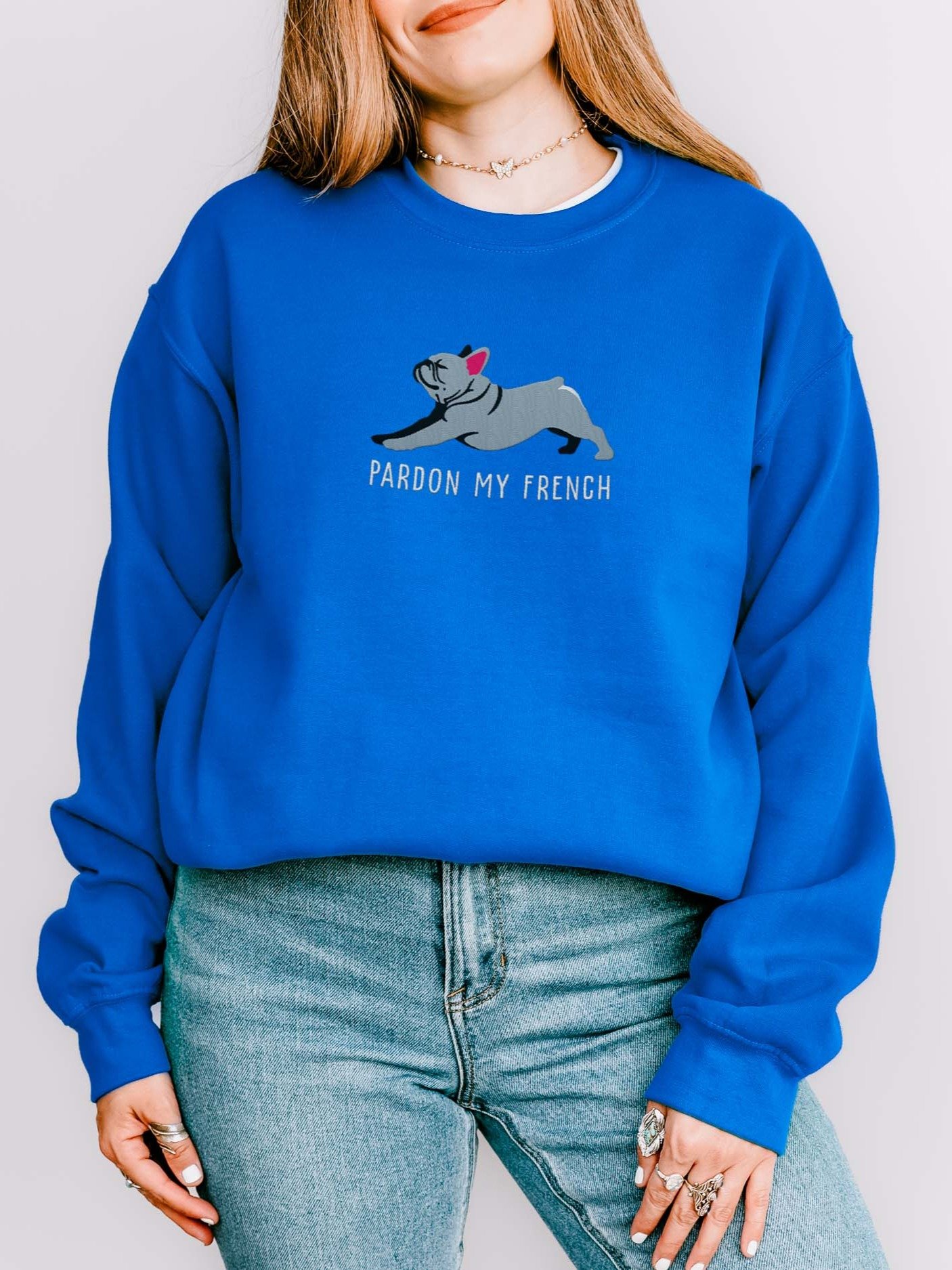 Pardon My French Sweatshirt (Embroidered) of a French Bulldog(Blue) product image (2)
