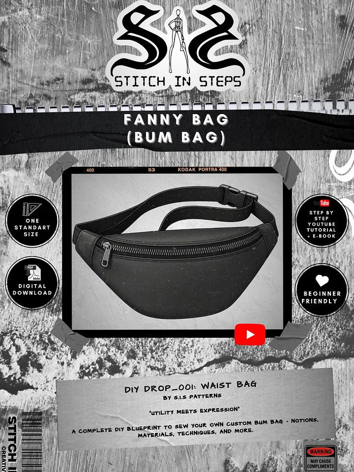 Fanny pack / Bum bag / waist bag Y3K / YouTube video tutorial (PDF sewing digital pattern) product image (1)